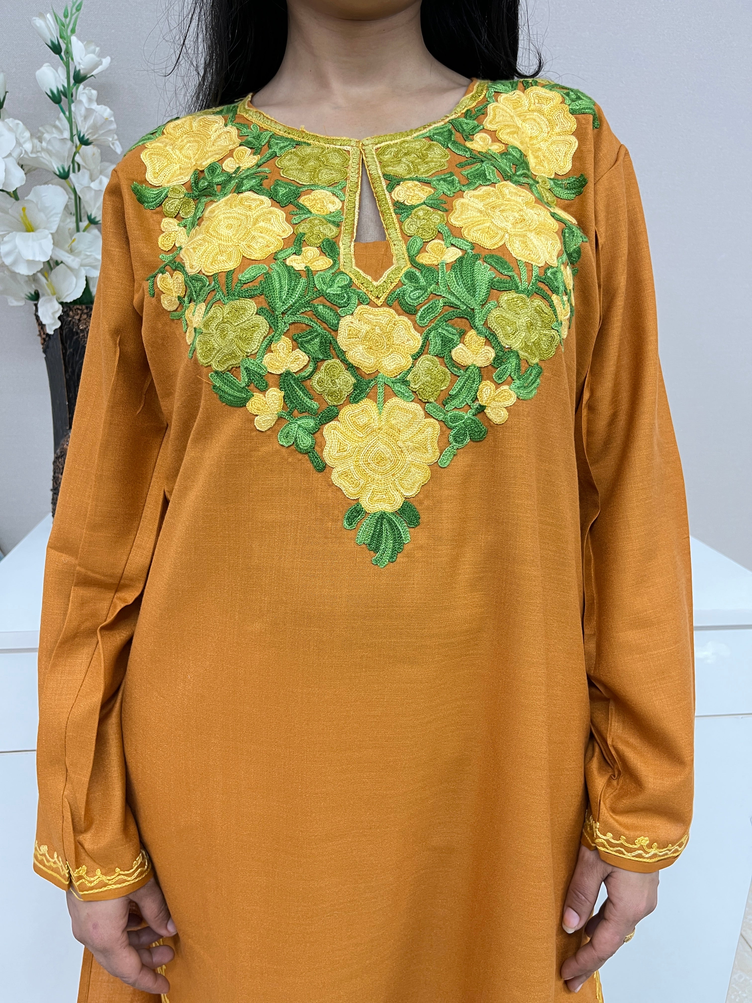 Mustard Embroidered Cotton Straight Kurti 