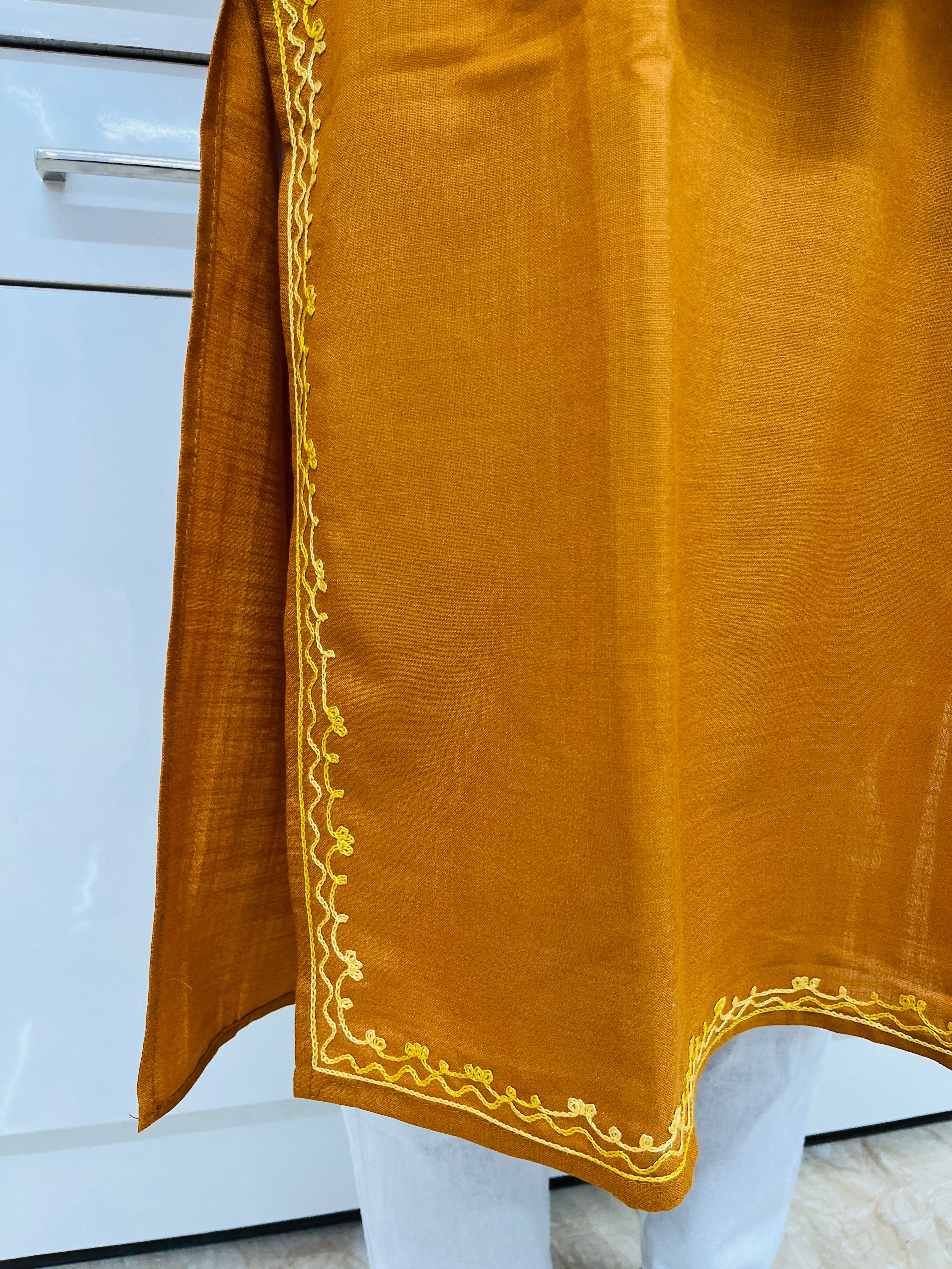 Mustard Embroidered Cotton Straight Kurti For Women