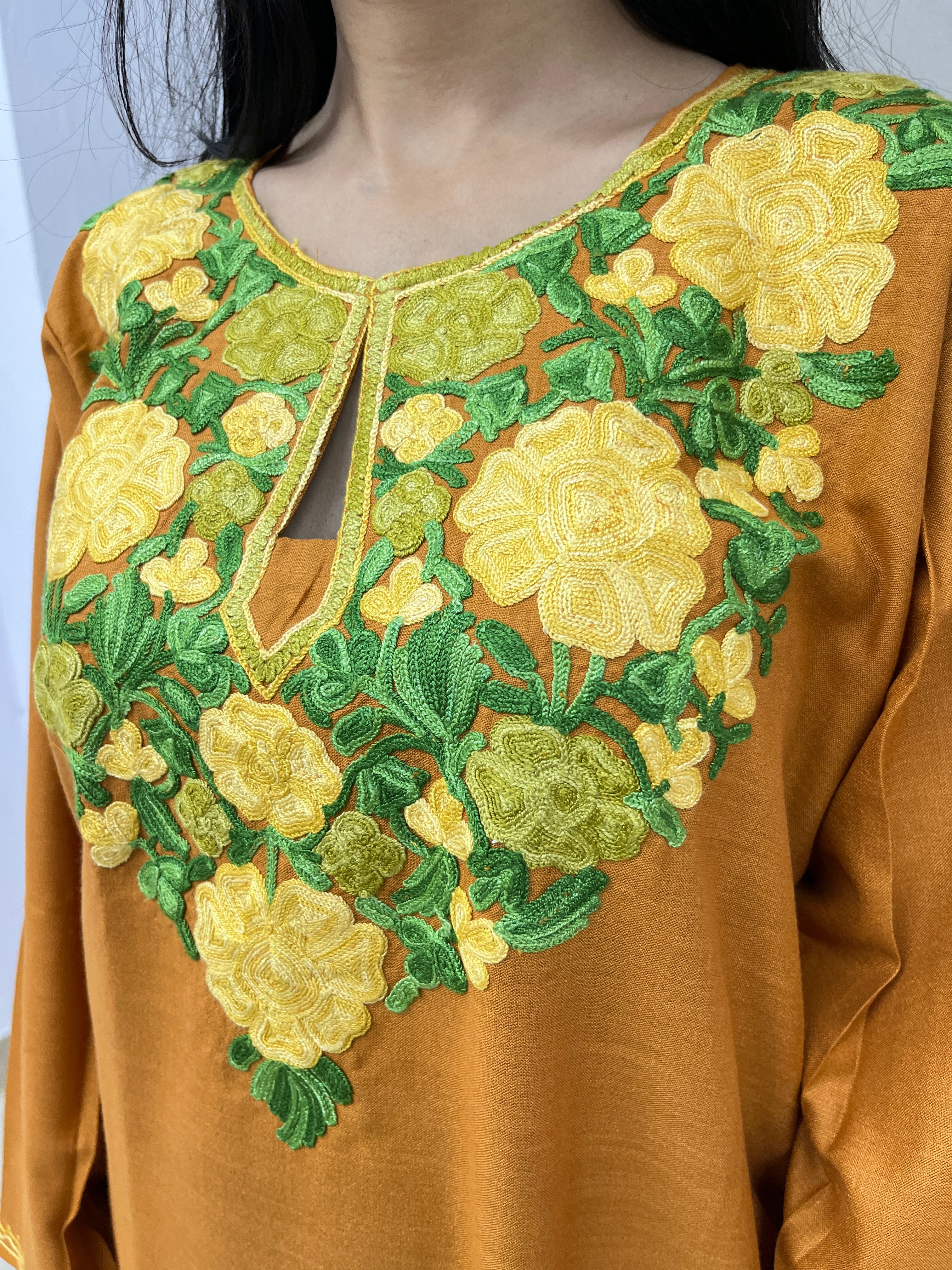 Mustard Thread Work Cotton Straight Kurti 