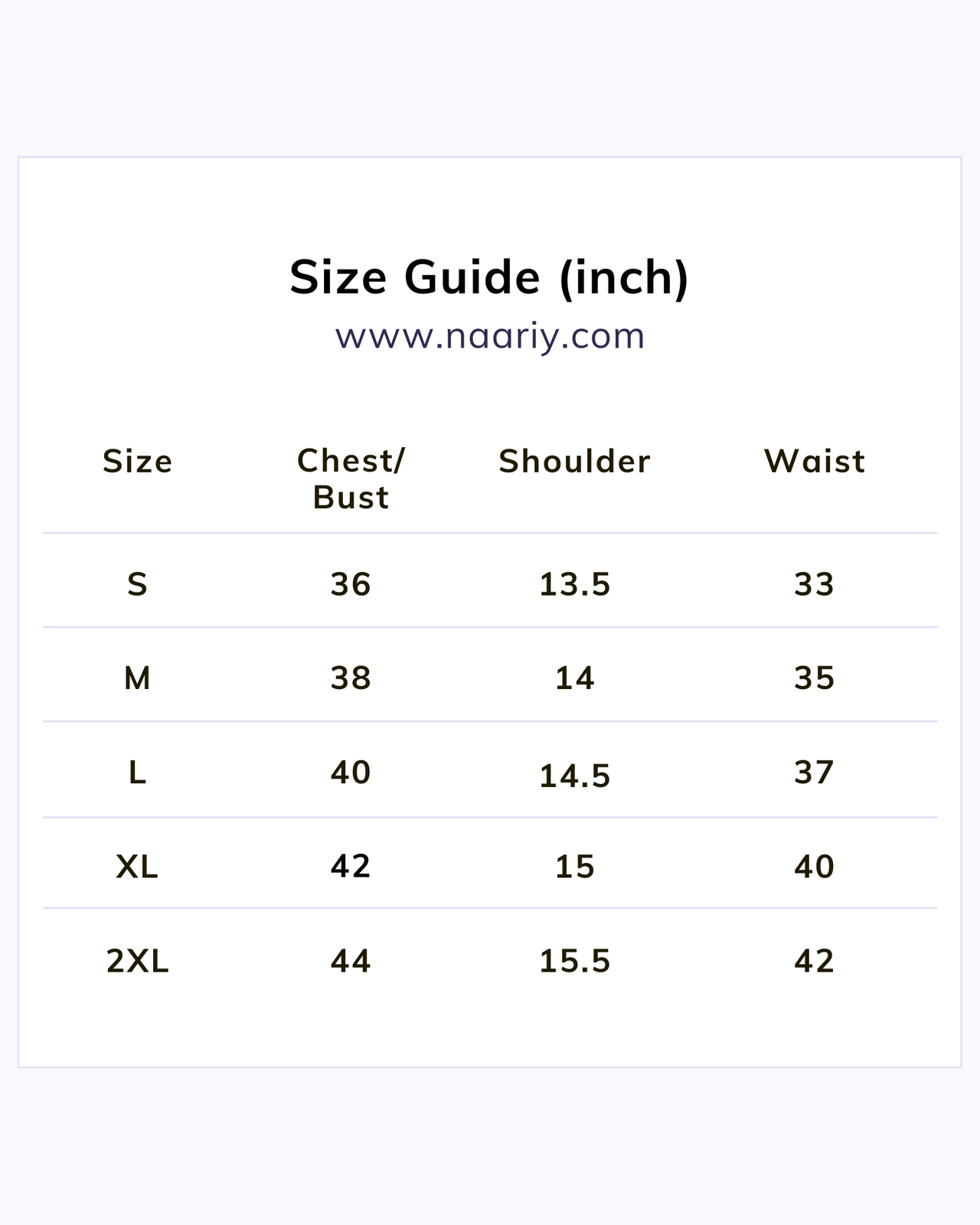 Naariy Short Kurti / Tunic Size Chart