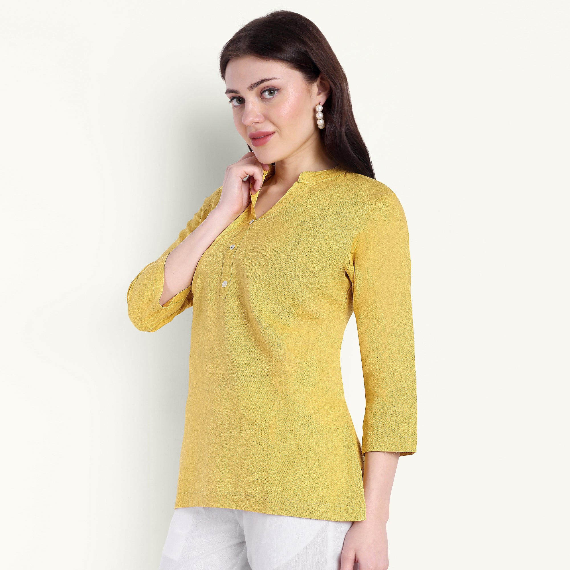 Yellow Airy Linen Short Kurti