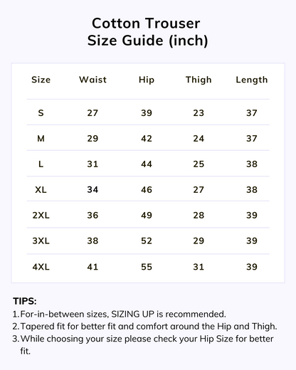 Naariy Trouser Size Chart