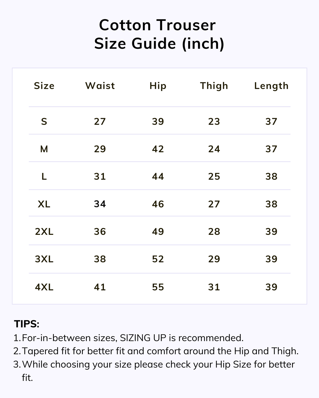 Naariy Trouser Size Chart