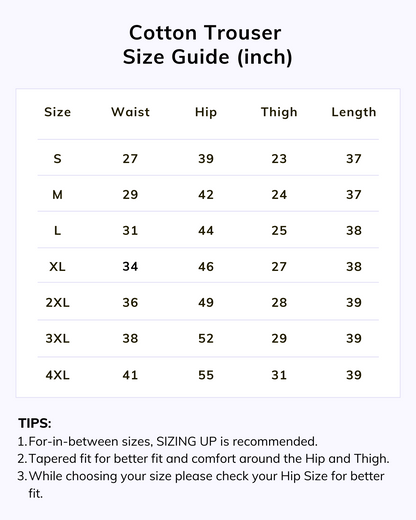 Naariy Black Solid Women Regular Fit Cotton Trouser Size Chart