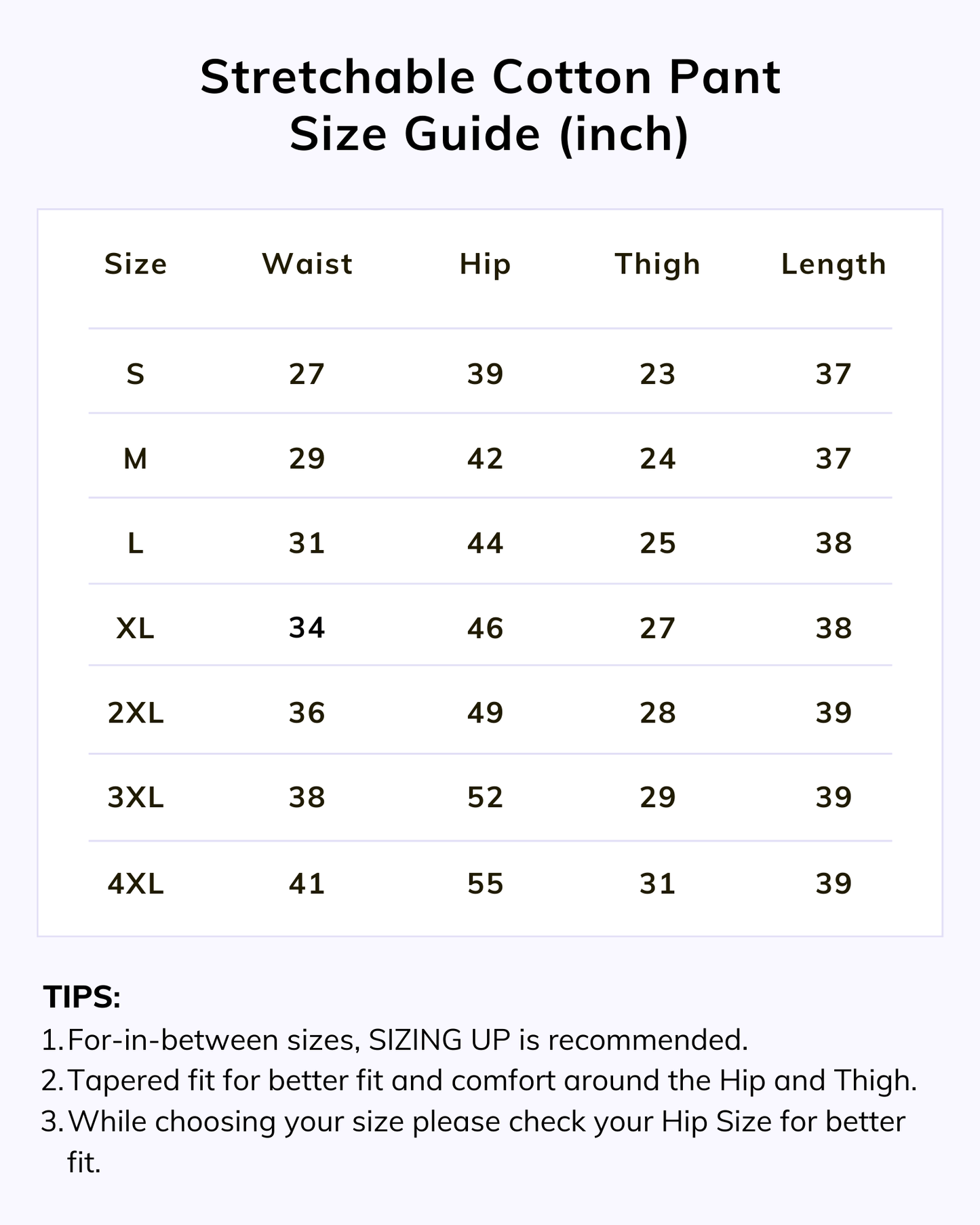 Naariy Black Stretchable Cotton Pant For Women Size Chart