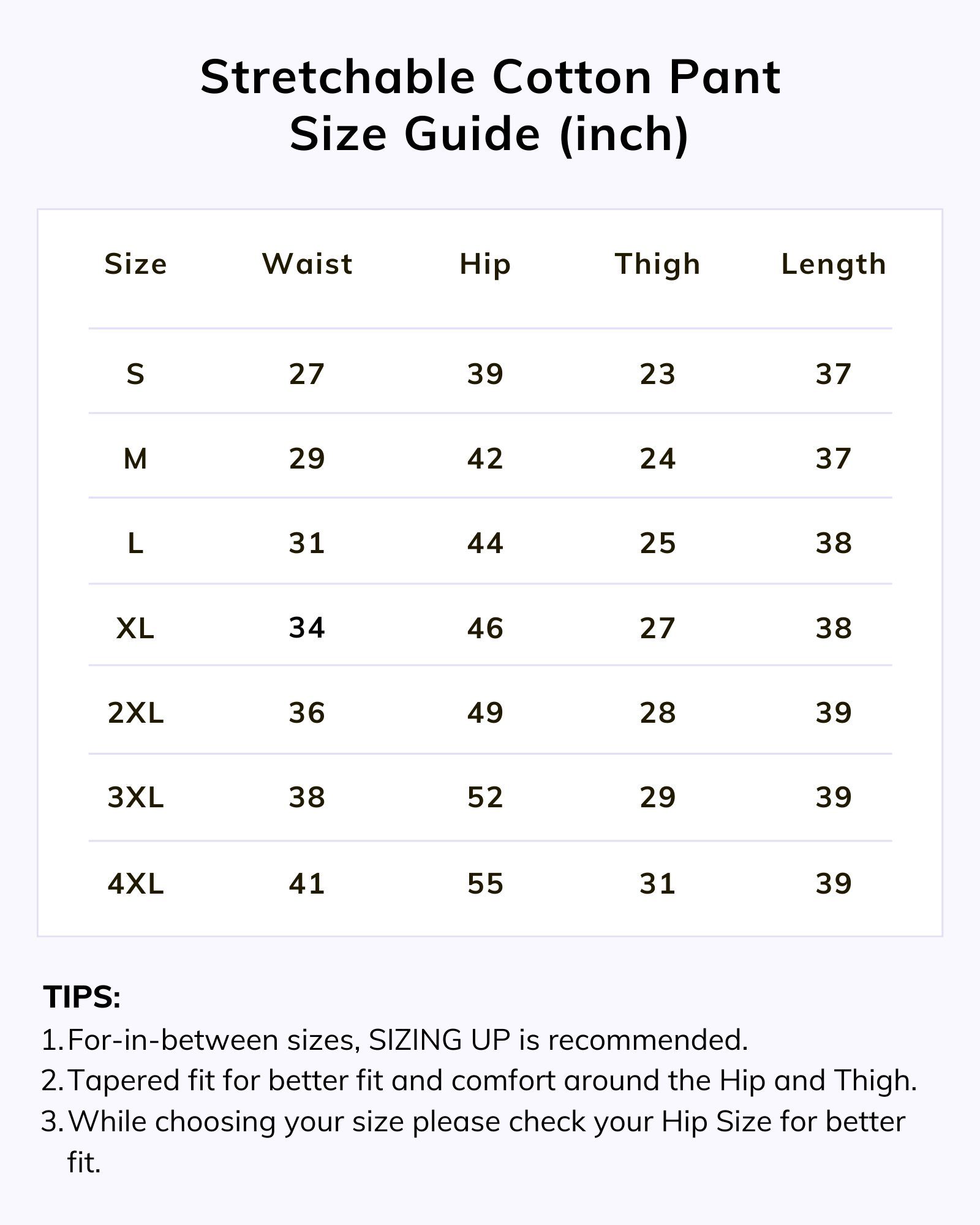 Naariy Black Stretchable Cotton Pant For Women Size Chart