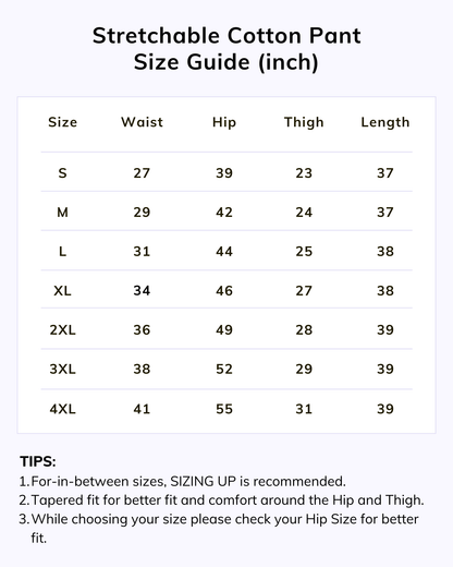 Naariy Black Stretchable Cotton Pant For Women Size Chart