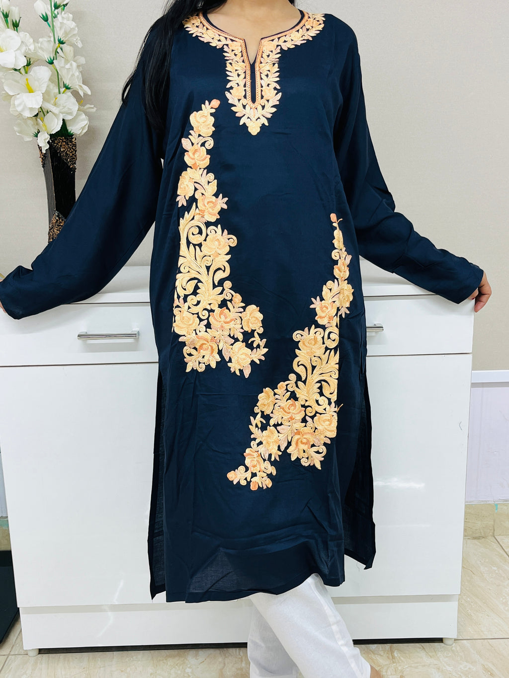 Blue With Golden Embroidered Thread Work Cotton Straight Kurti For  Women