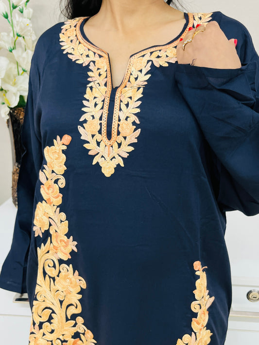 Blue With Golden Embroidered Thread Work Cotton Straight Kurti
