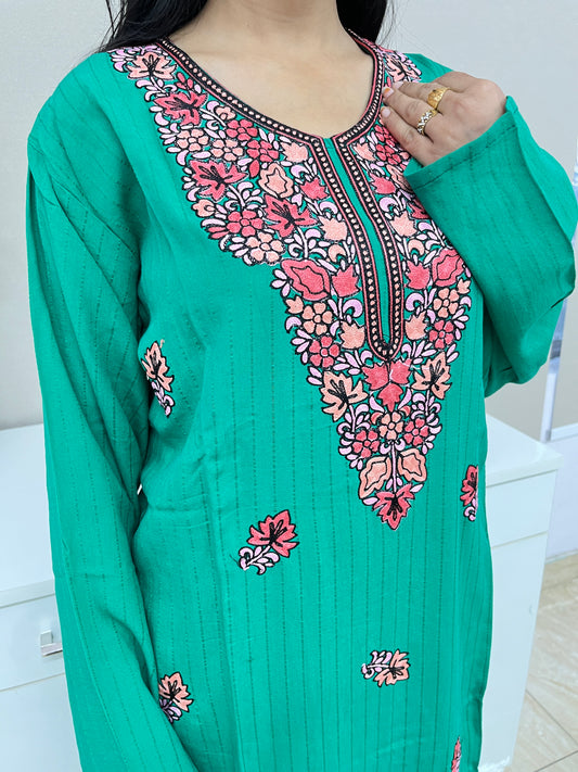  Bottle Green Embroidered Thread Work White Cotton Straight Kurt