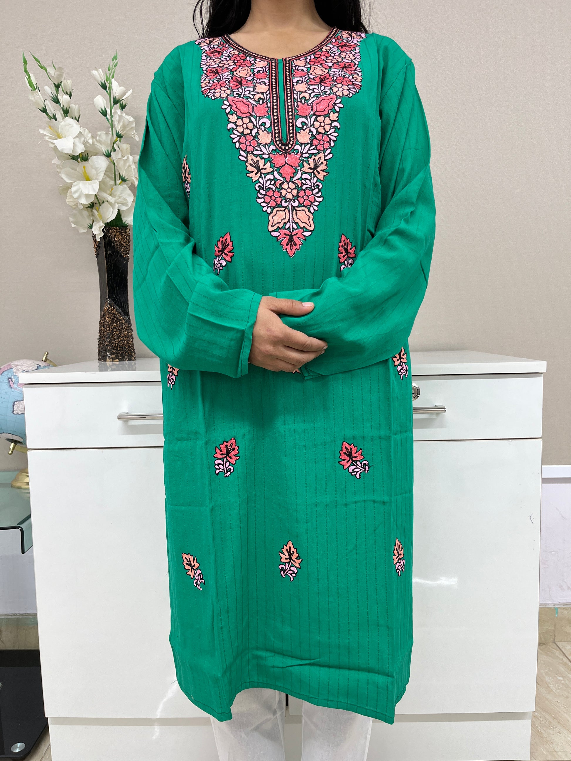 Thread Work White Cotton 
Straight Kurti
