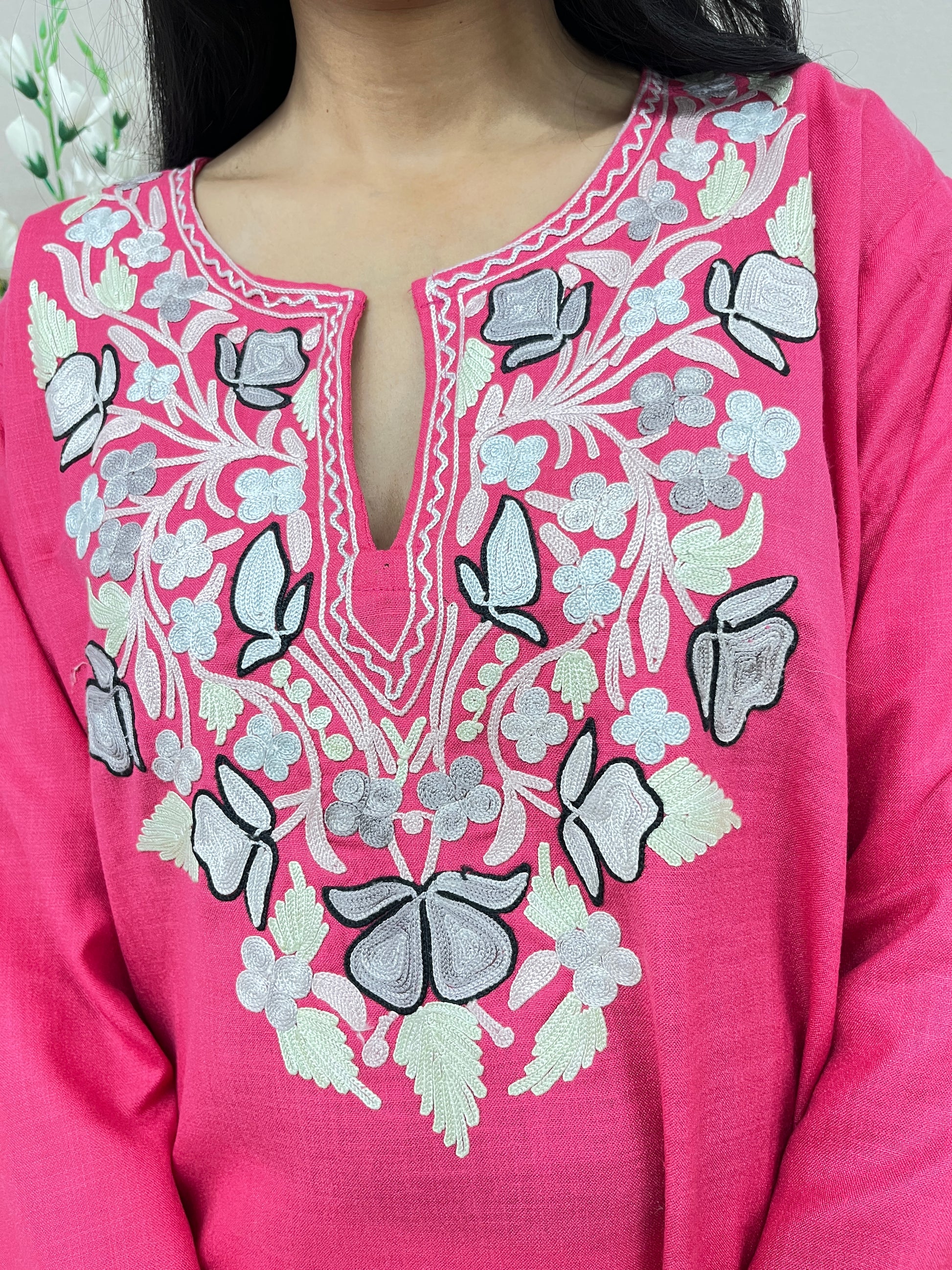 Dark Pink Embroidered Cotton Straight Kurti
