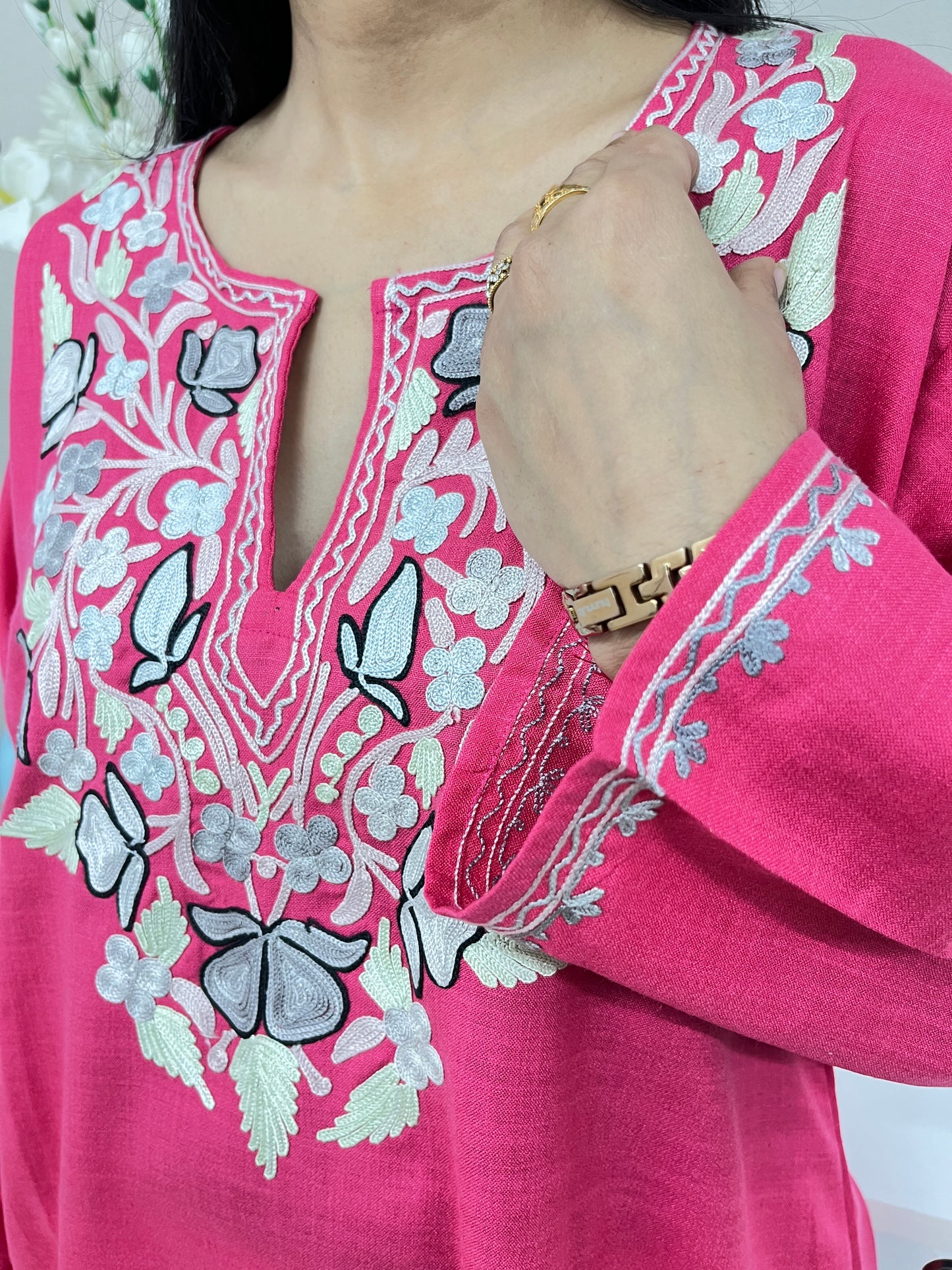 Dark Pink Embroidered Thread Work White Cotton Straight Kurti