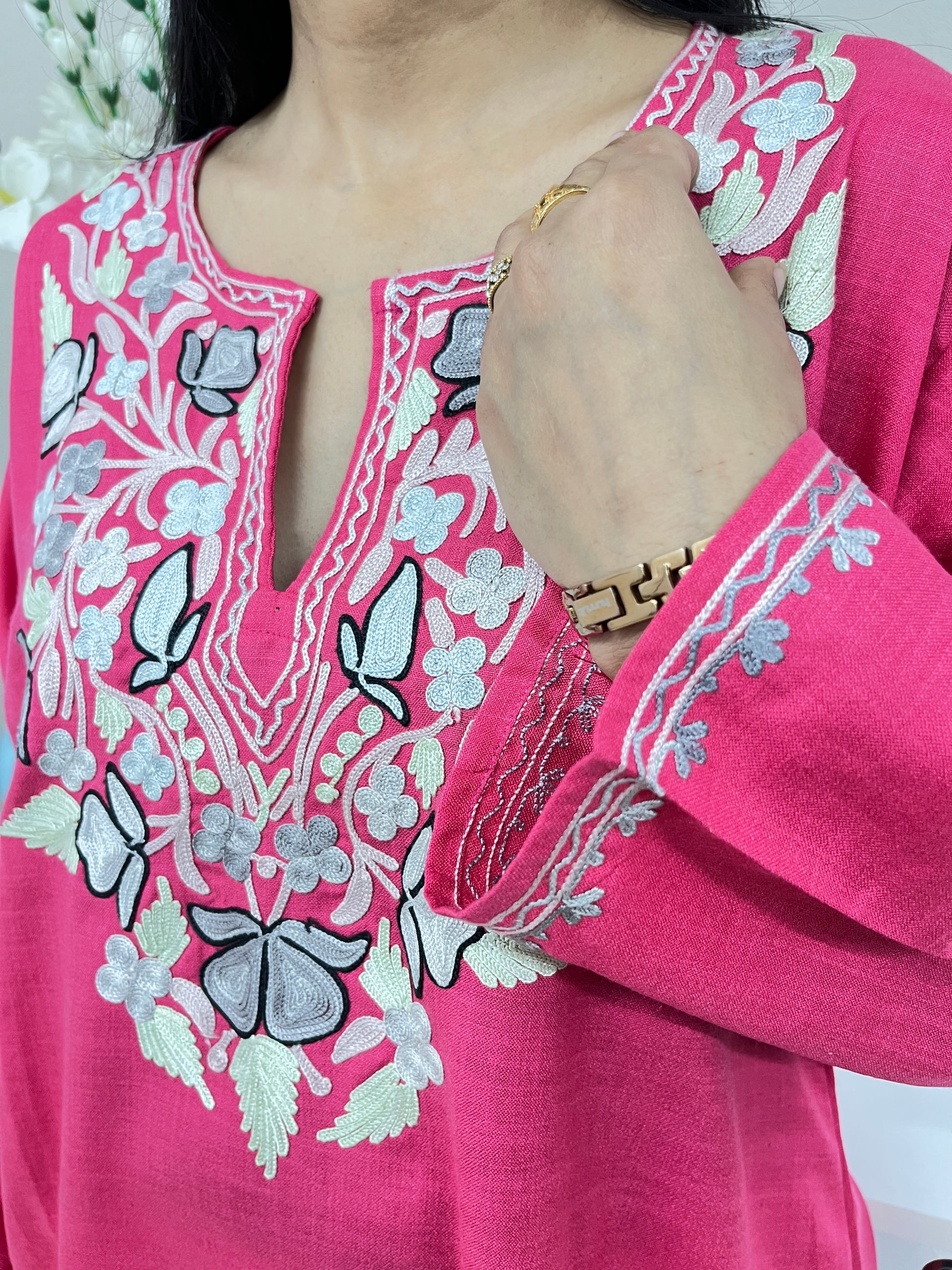 Dark Pink Embroidered Thread Work White Cotton Straight Kurti