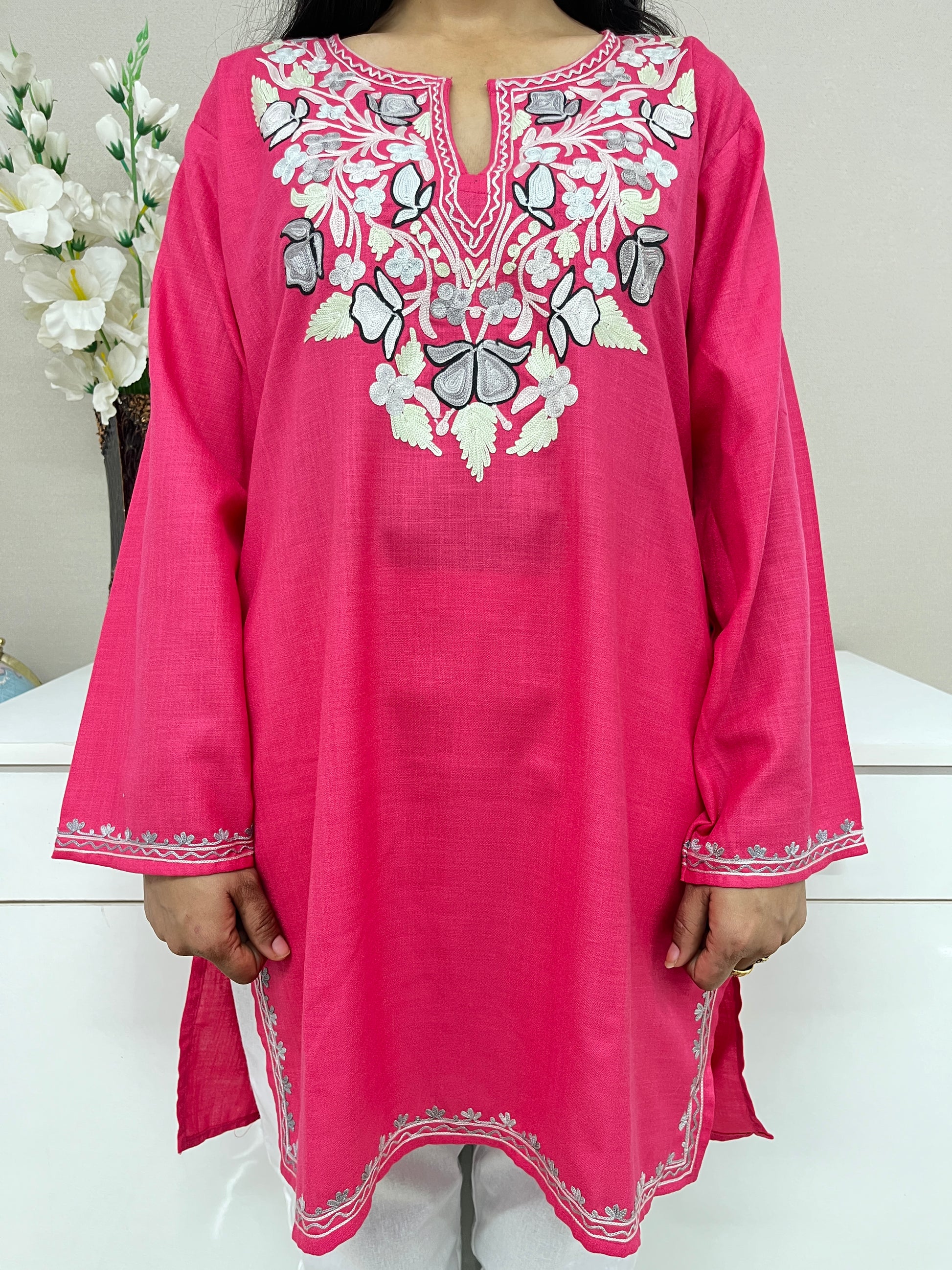 Dark Pink Embroidered Thread Work White Cotton Straight Kurti For Women