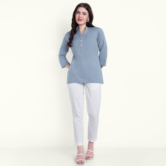Naariy English Blue Airy Linen Short Kurti For Women