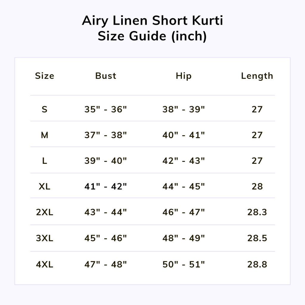 Naariy English Blue Airy Linen Short Kurti Size Chart