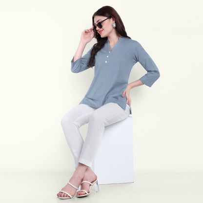 Naariy English Blue Airy Linen Short Kurti With Comfortable