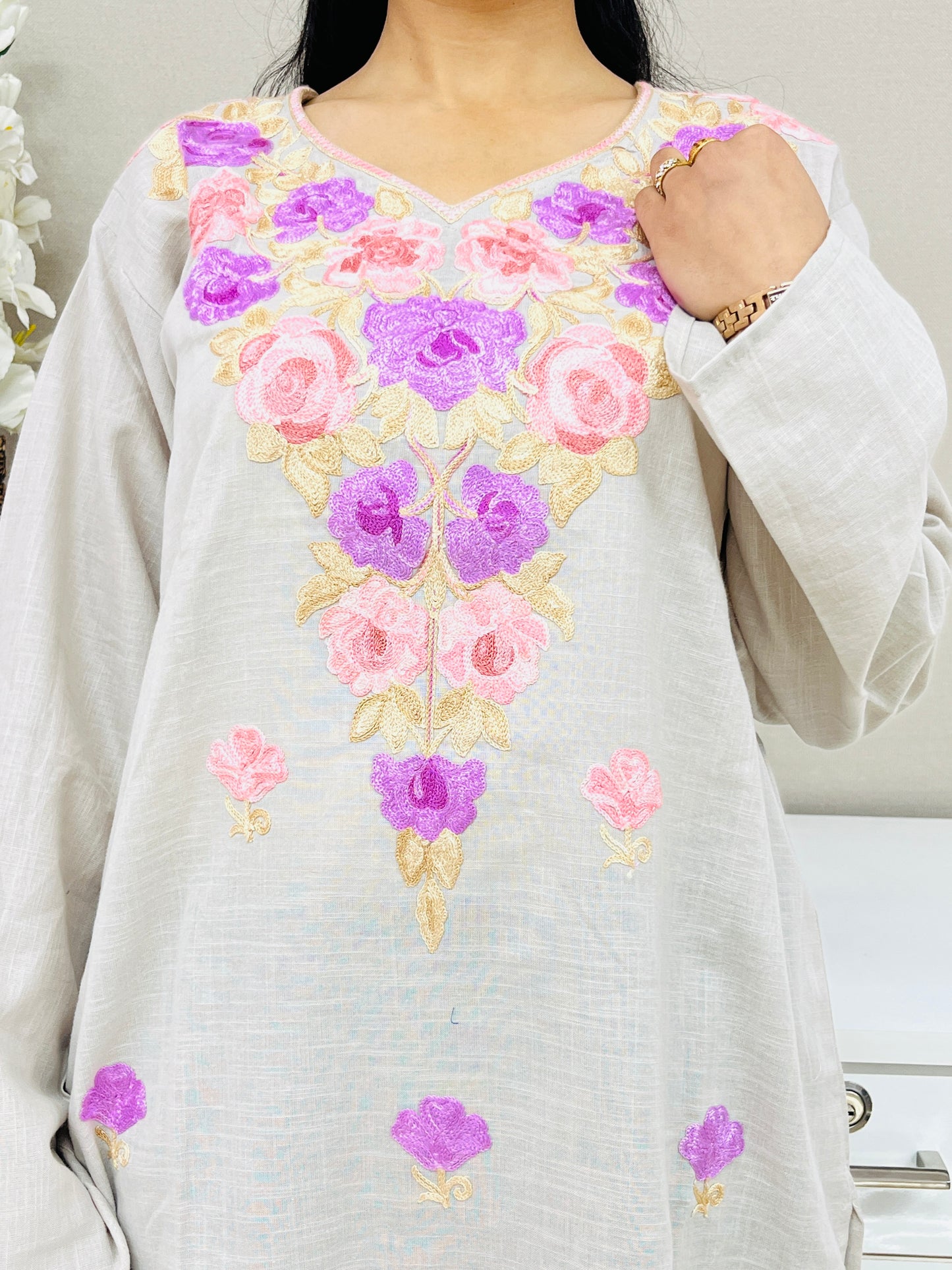 Grey With Pink Embroidered Thread Work Cotton Kurti