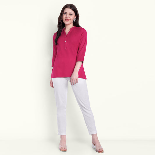 Naariy Hot Pink Airy Linen Short Kurti For Women