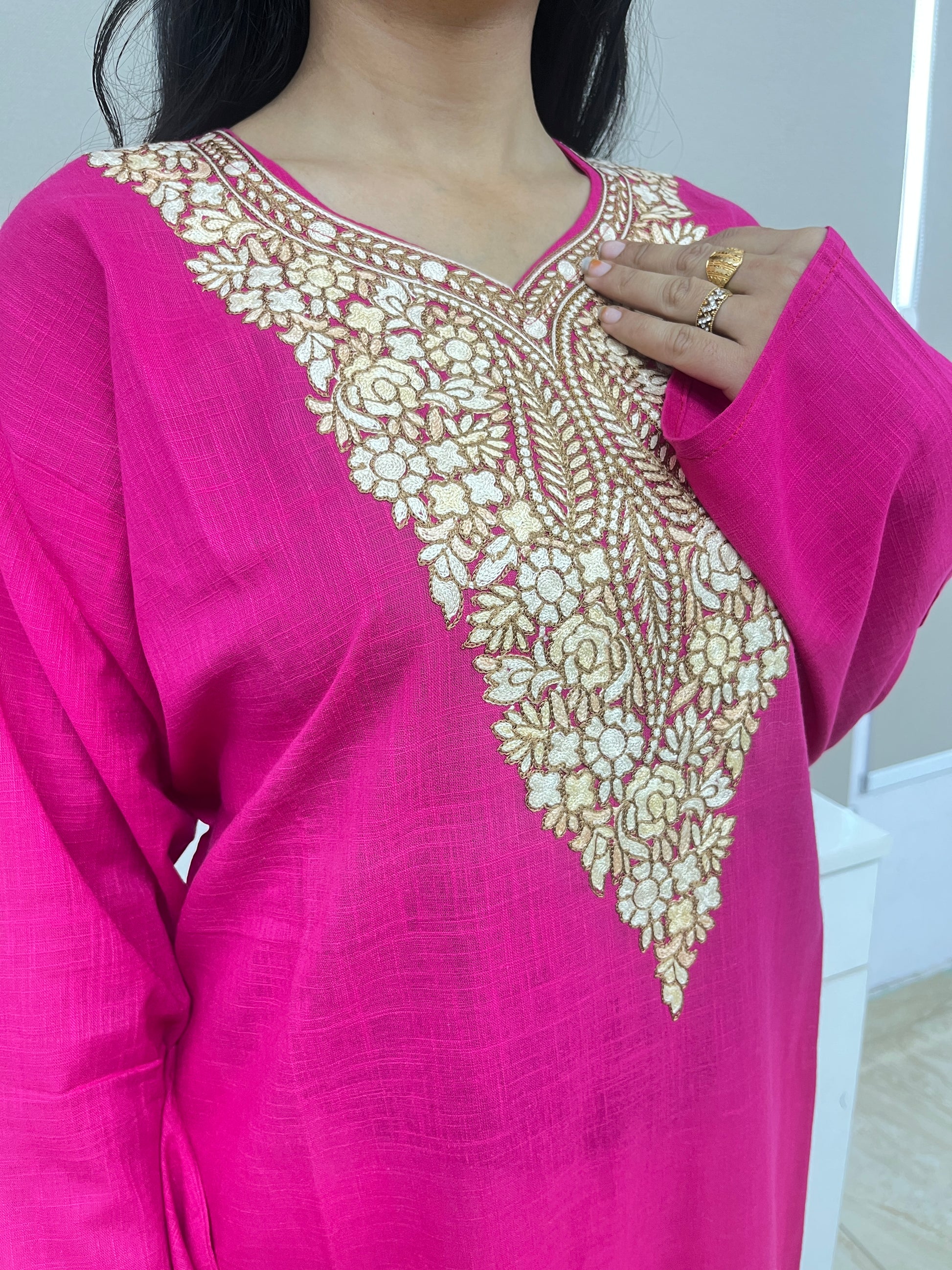 Hot Pink With Golden Embroidered Thread Work Cotton Straight Kurti