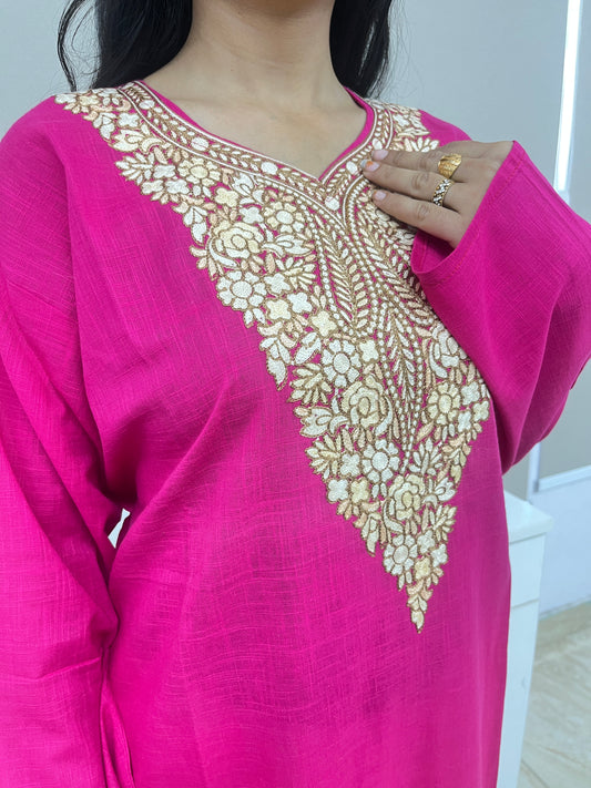 Hot Pink With Golden Embroidered Thread Work Cotton Straight Kurti