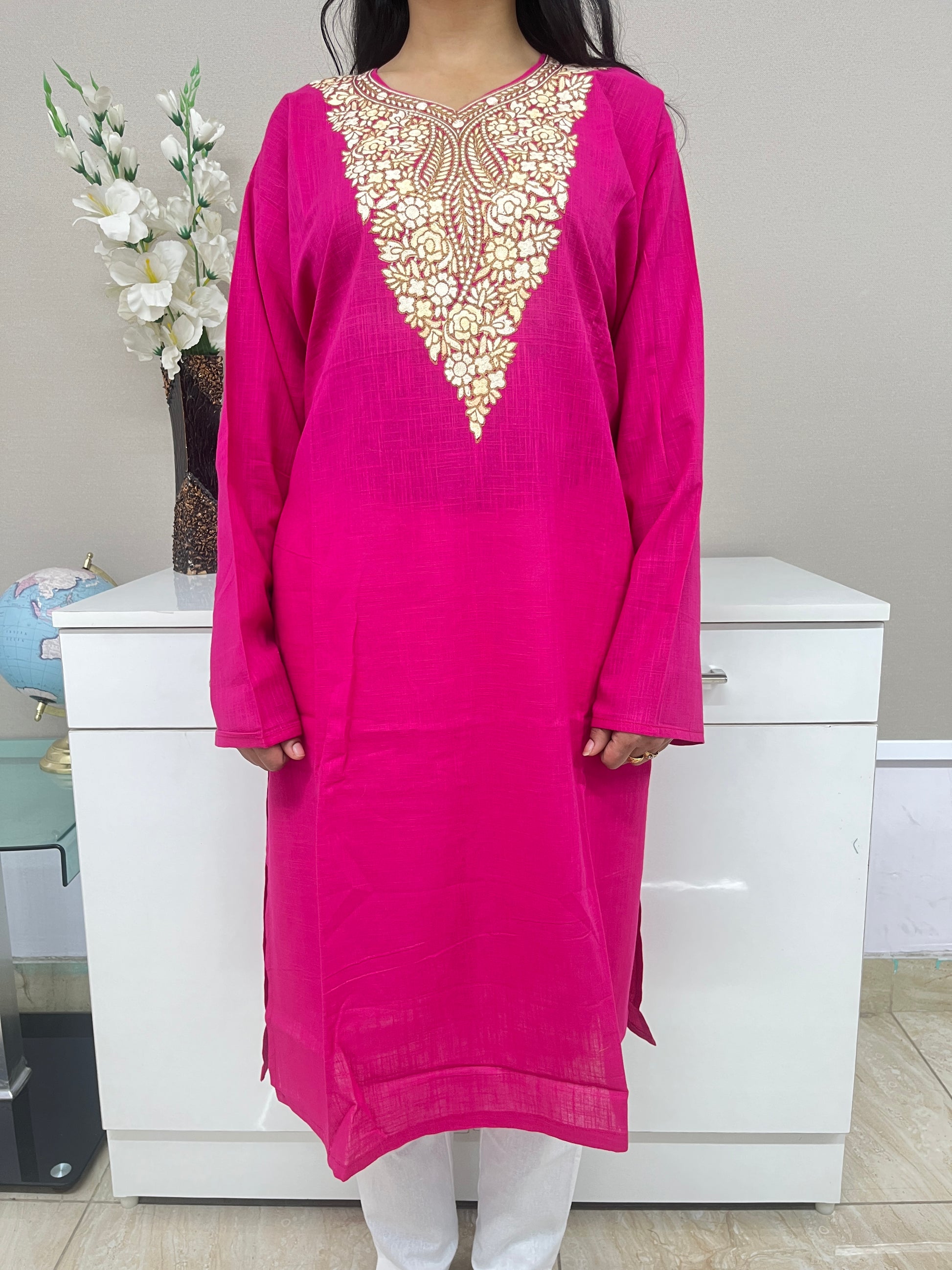 Hot Pink With Golden Embroidered cotton Straight Kurti