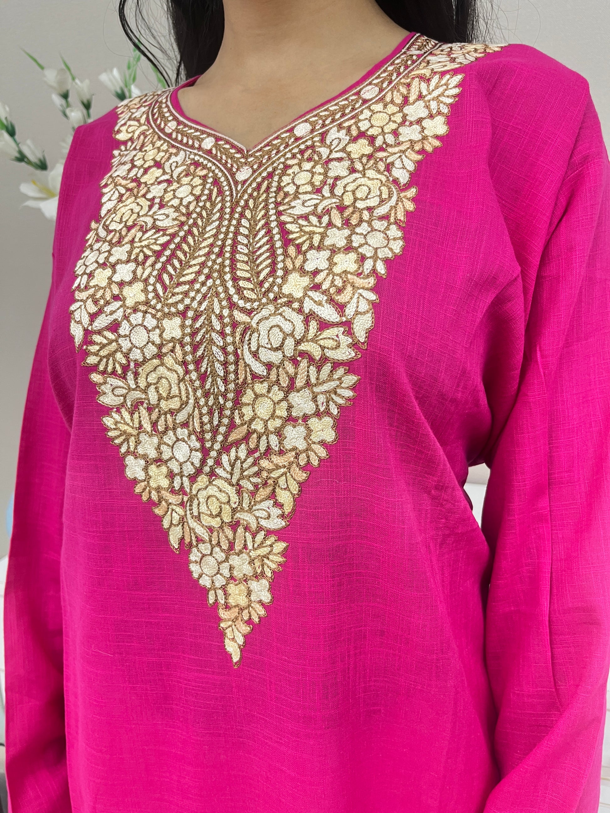 Golden Embroidered Thread Work Cotton Straight Kurti
