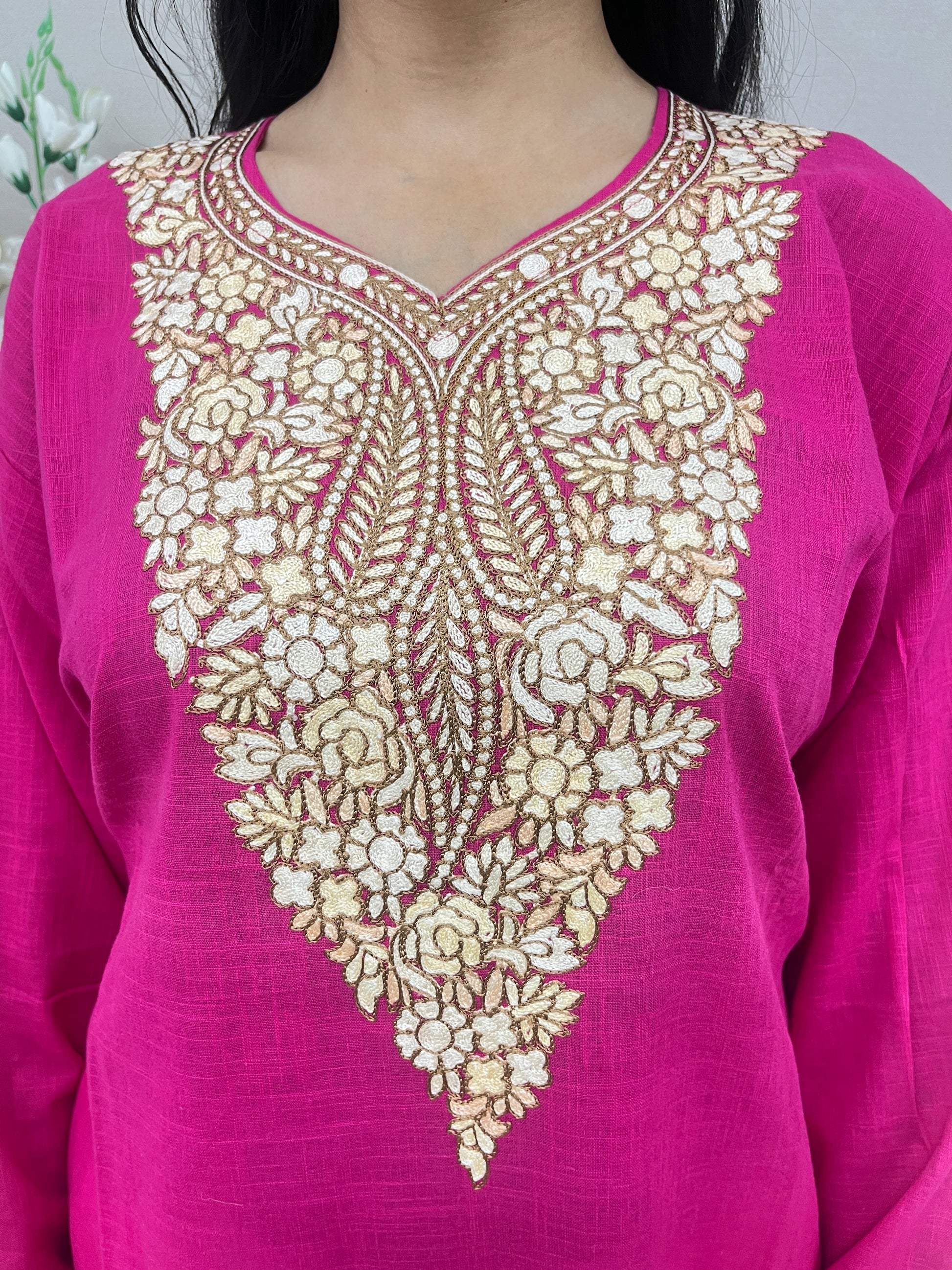 Golden Embroidered Cotton Straight Kurti