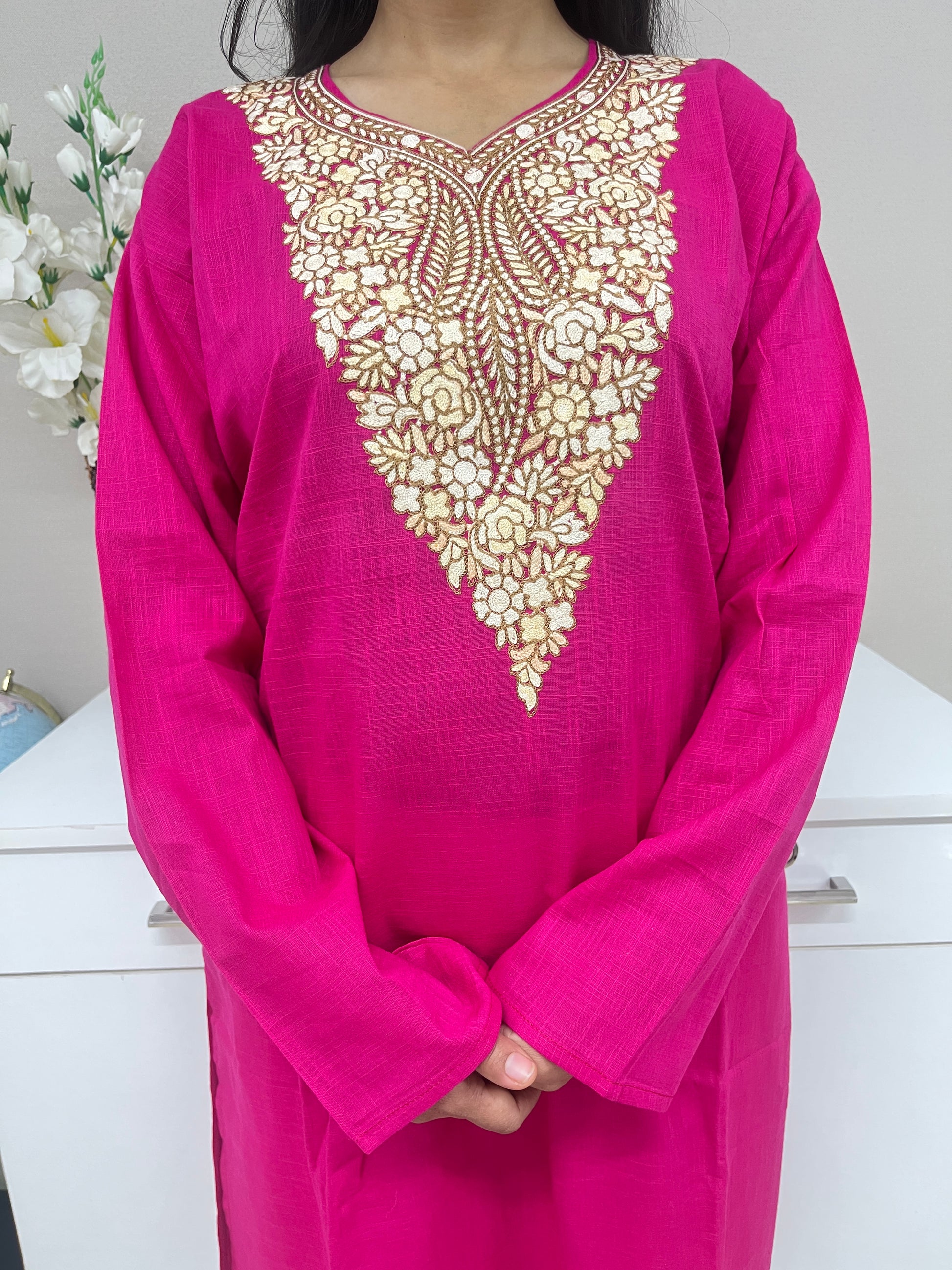 Hot Pink With Golden Embroidered Thread Work Cotton Straight Kurti For Women