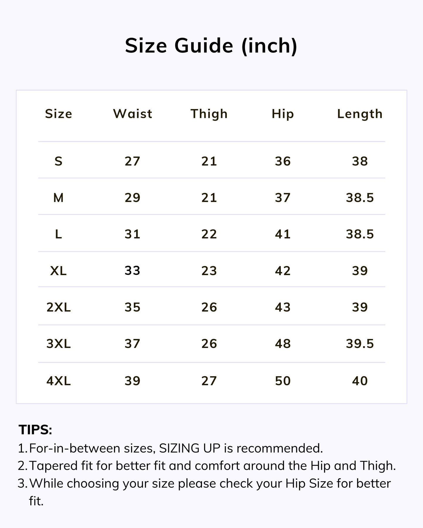 Naariy Light Brown Stretchable Cotton Pant Size Chart