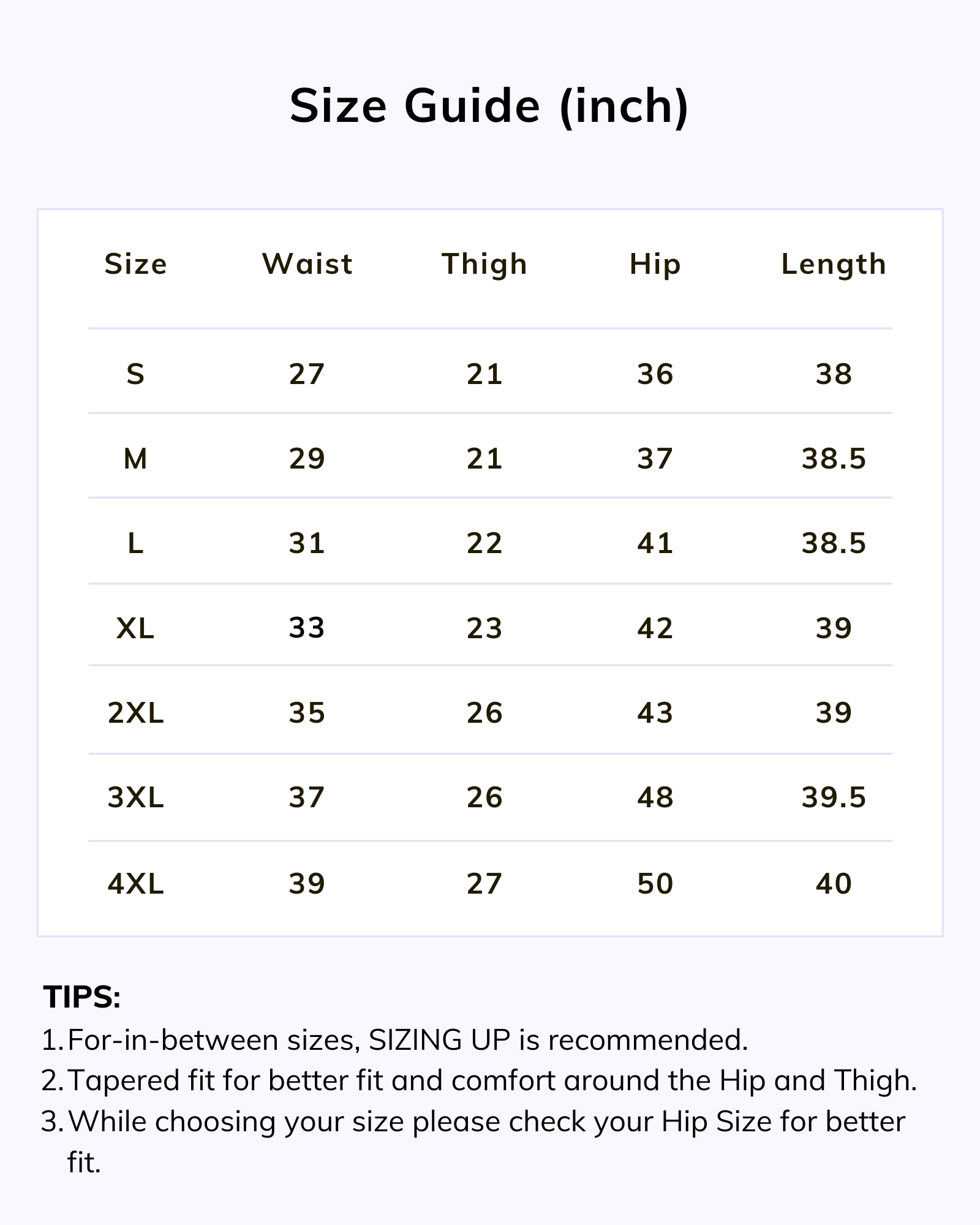 Naariy Light Brown Stretchable Cotton Pant Size Chart