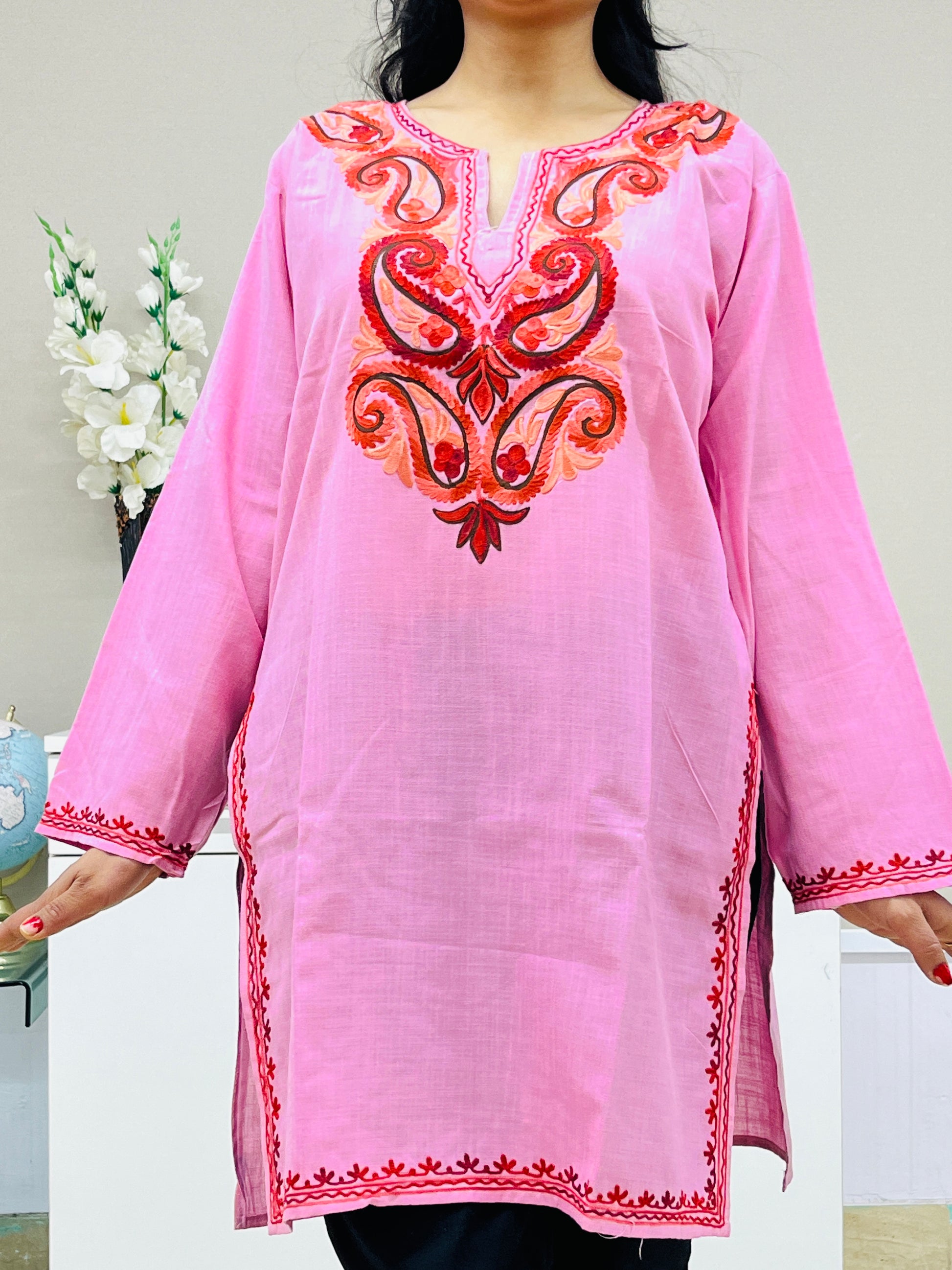 LIght Pink Embroidered Cotton Straight Kurti