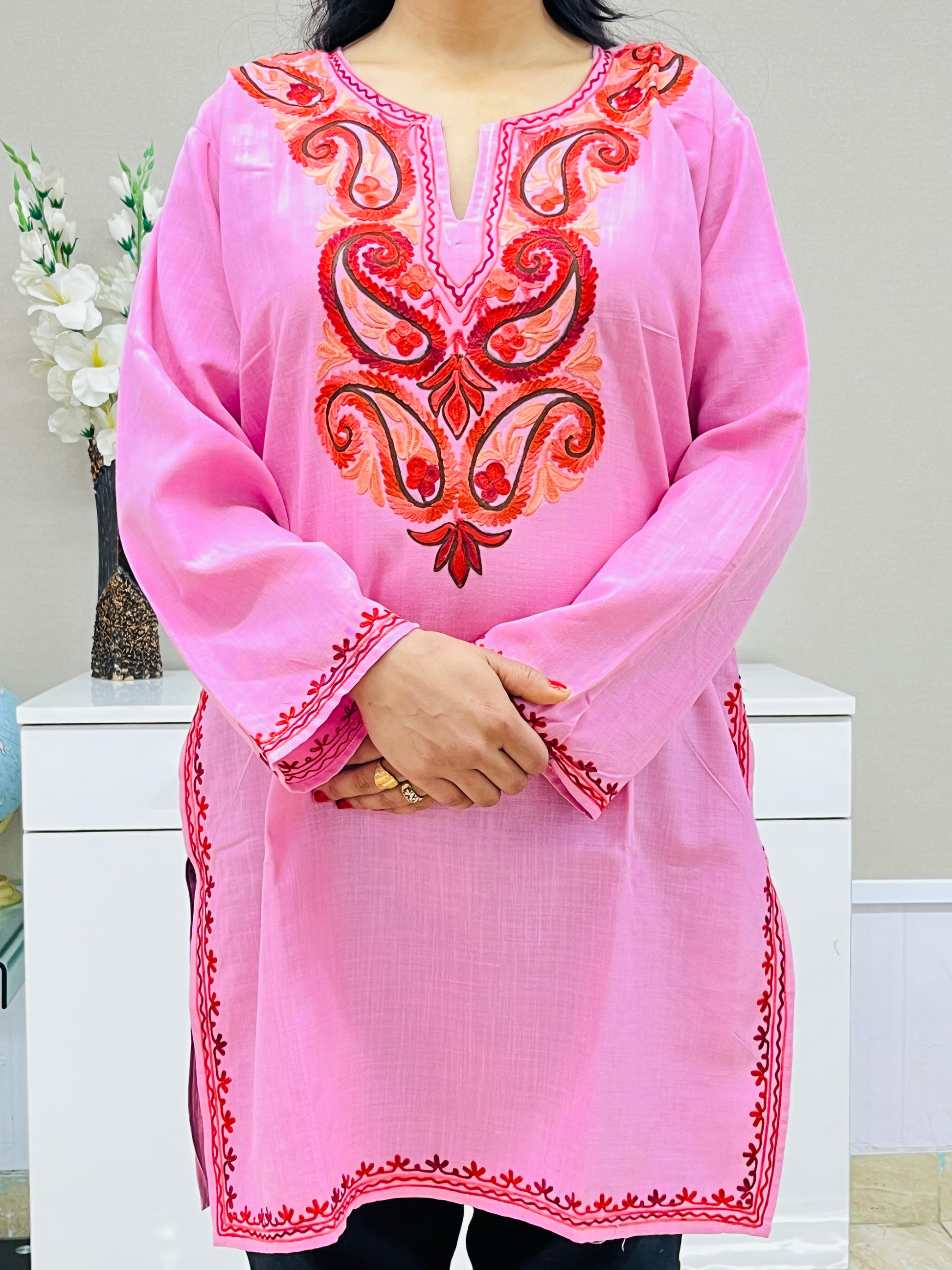 Light Pink Embroidered Thread Work White Cotton Straight Kurti For Women
