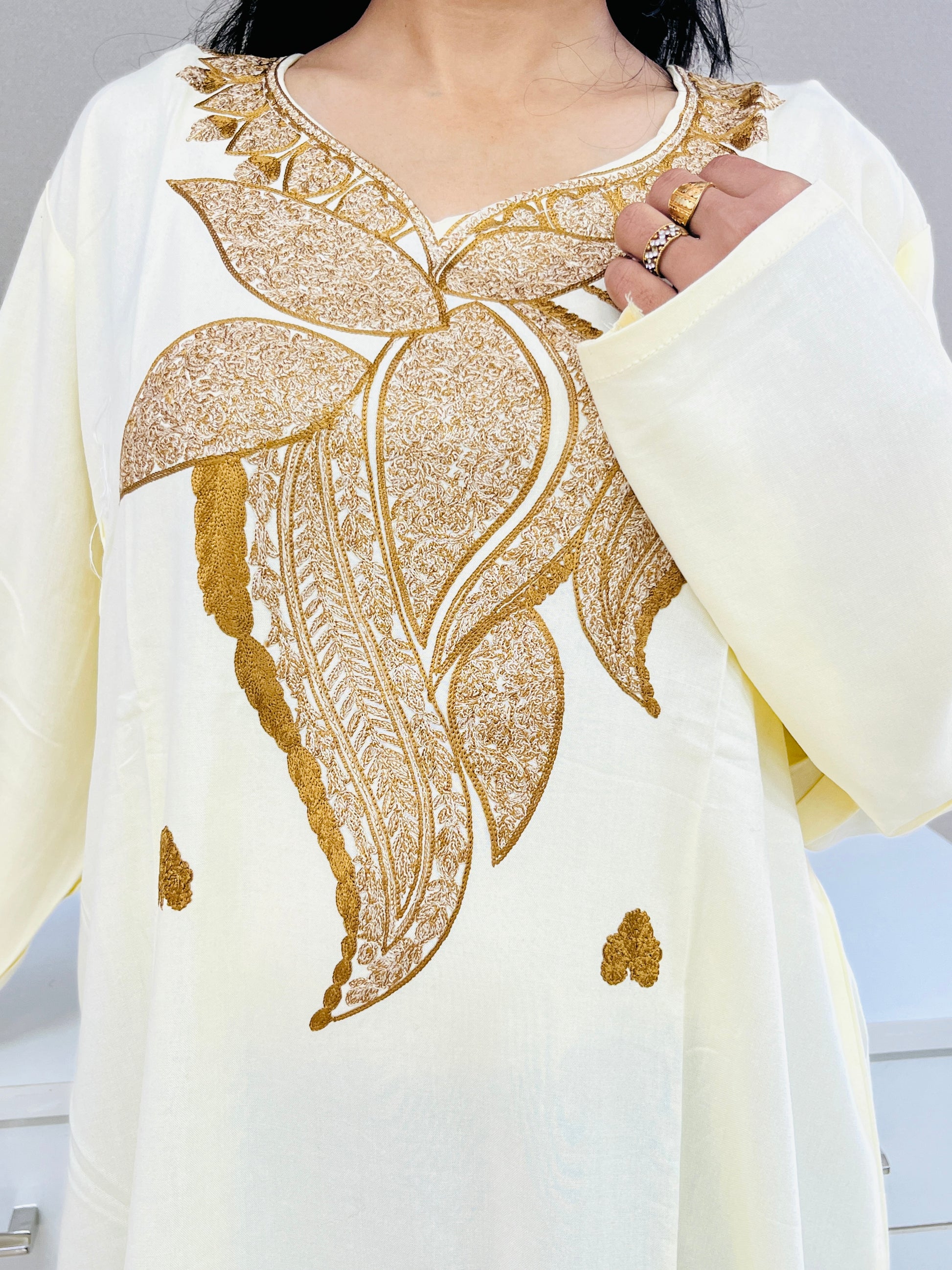 Naariy Light Yellow Golden Embroidered Thread Work Rayon Straight Kurti 