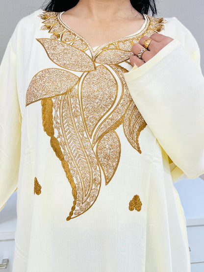 Naariy Light Yellow Golden Embroidered Thread Work Rayon Straight Kurti 