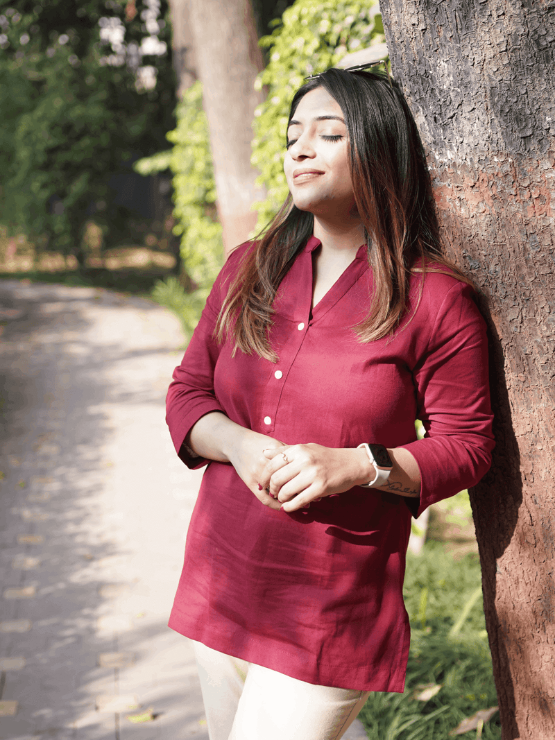 Maroon Airy Linen Short Kurti