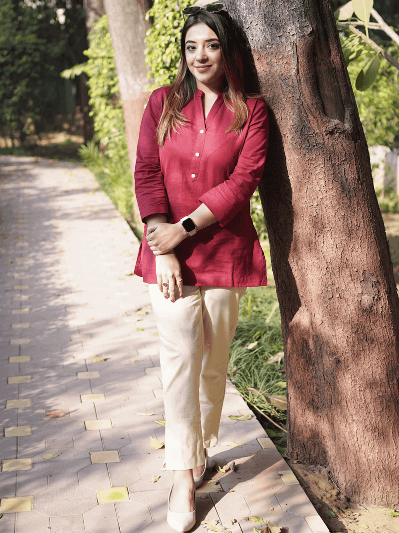 Maroon Kurti and Beige Pant Set
