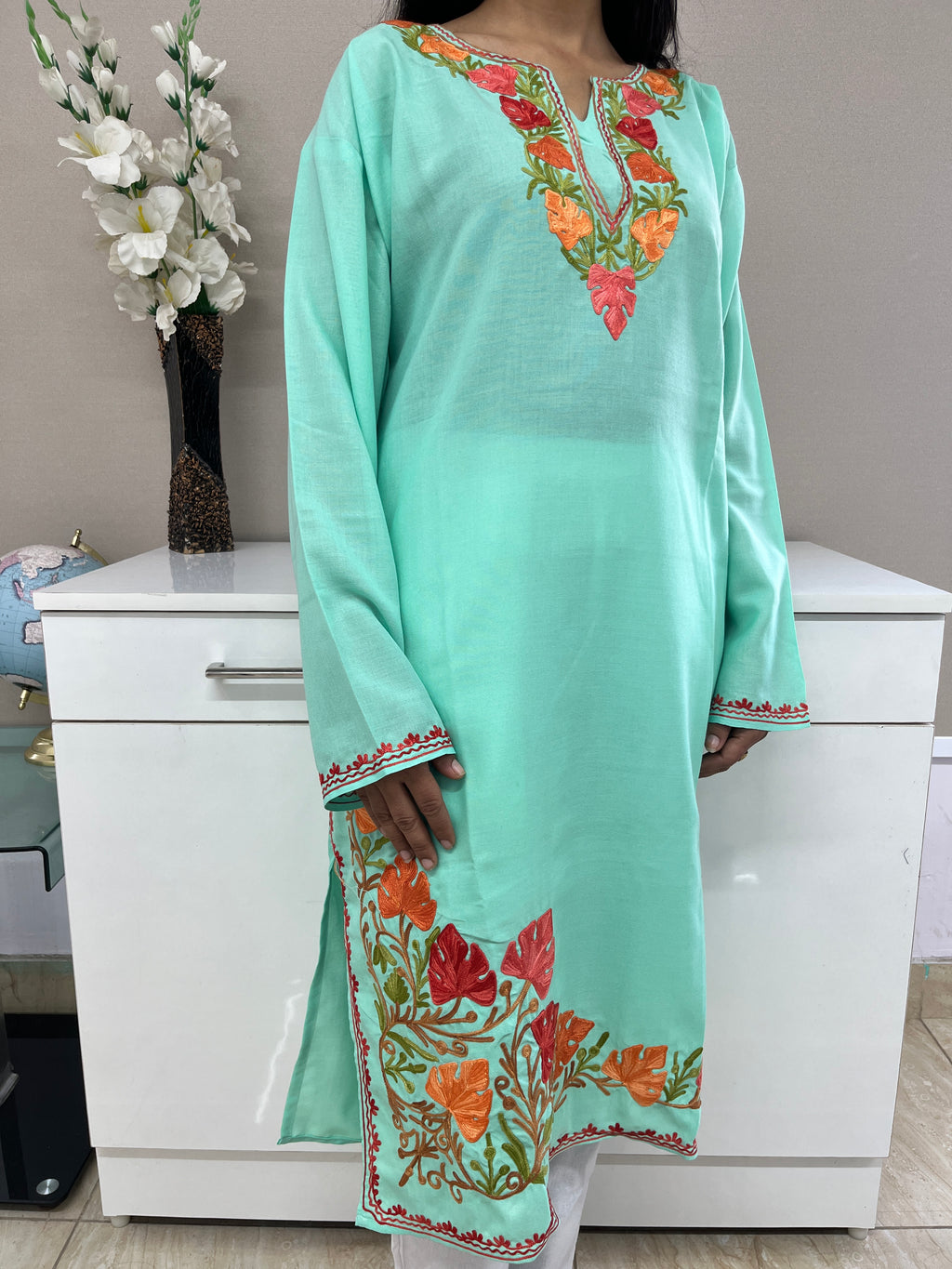 Mint Green Thread Work Cotton Straight Kurti