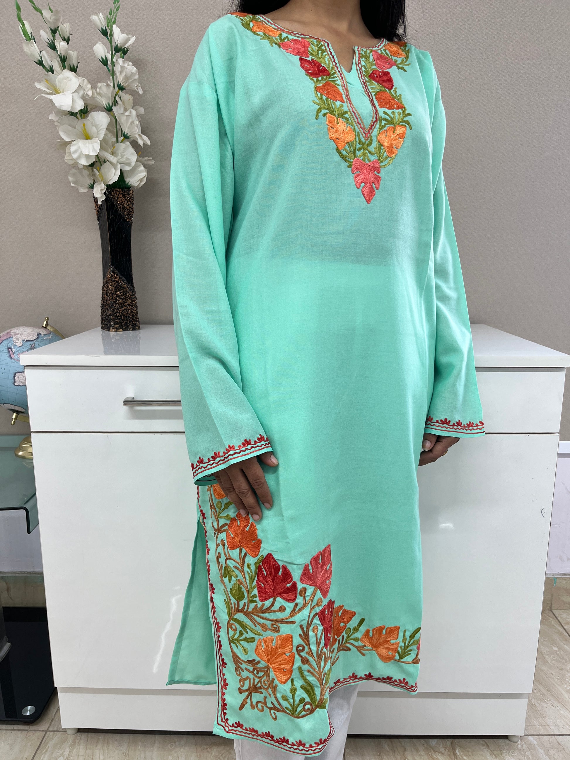 Mint Green Thread Work Cotton Straight Kurti