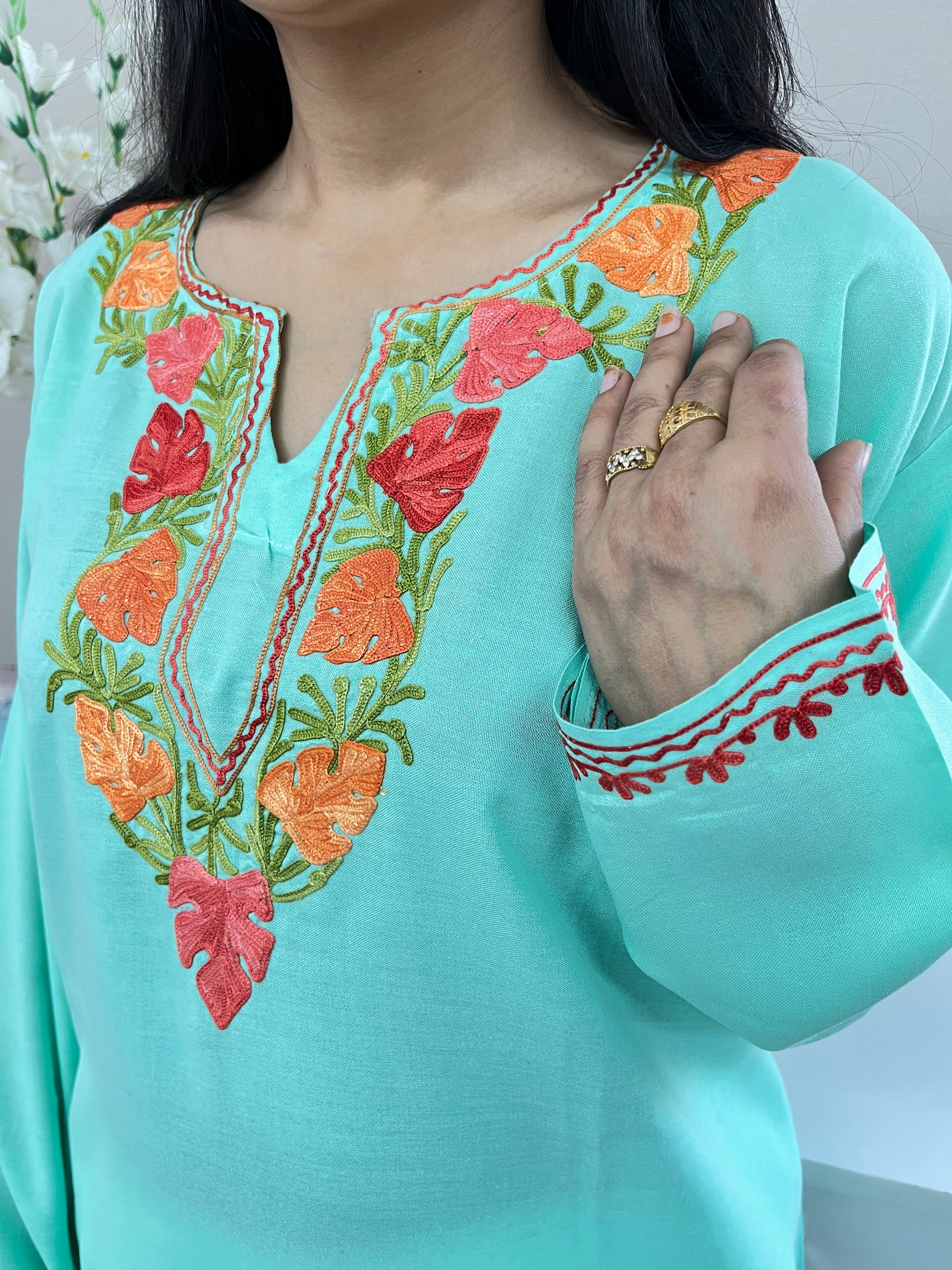 Mint Green Embroidered Thread Work White Cotton Straight Kurti