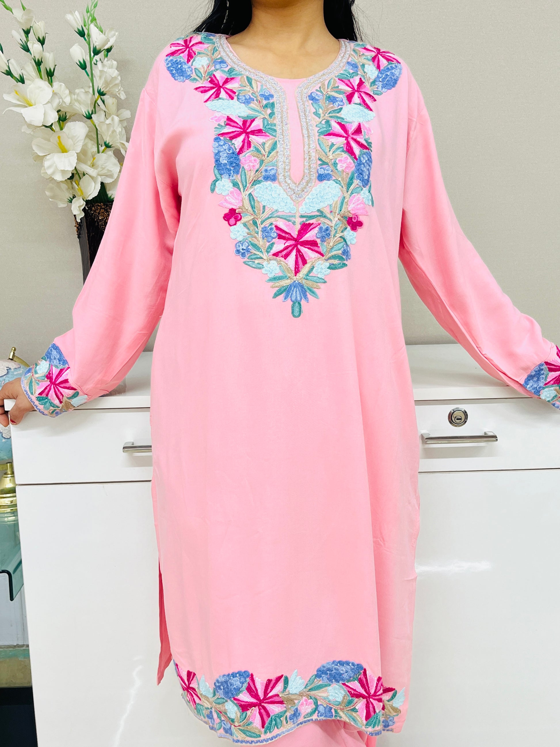 Naariy Multicolor Embroidered Pink Rayon Co-ord Set For Women