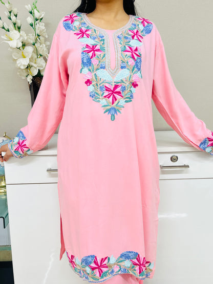 Naariy Multicolor Embroidered Pink Rayon Co-ord Set For Women