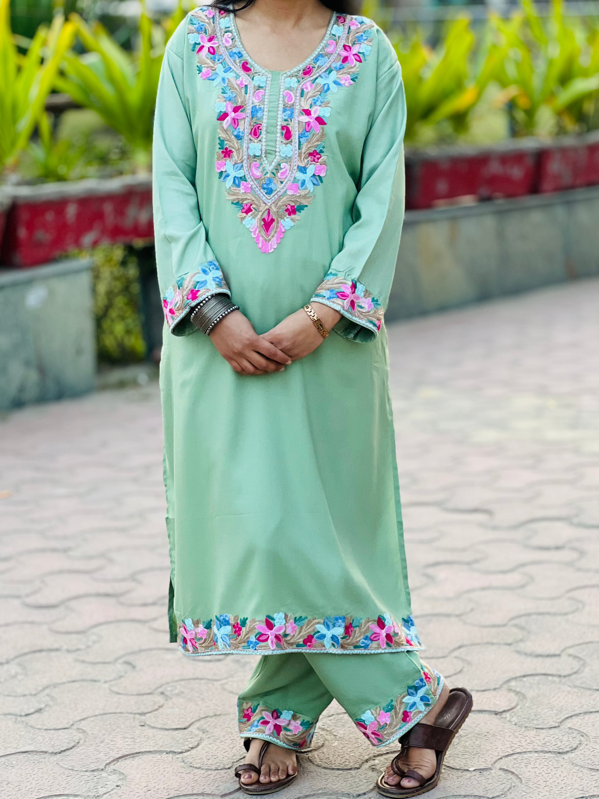 Naariy Multicolor Embroidered Pista Green Rayon Co-ord Set For Women