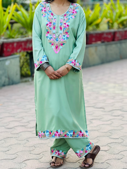 Naariy Multicolor Embroidered Pista Green Rayon Co-ord Set For Women