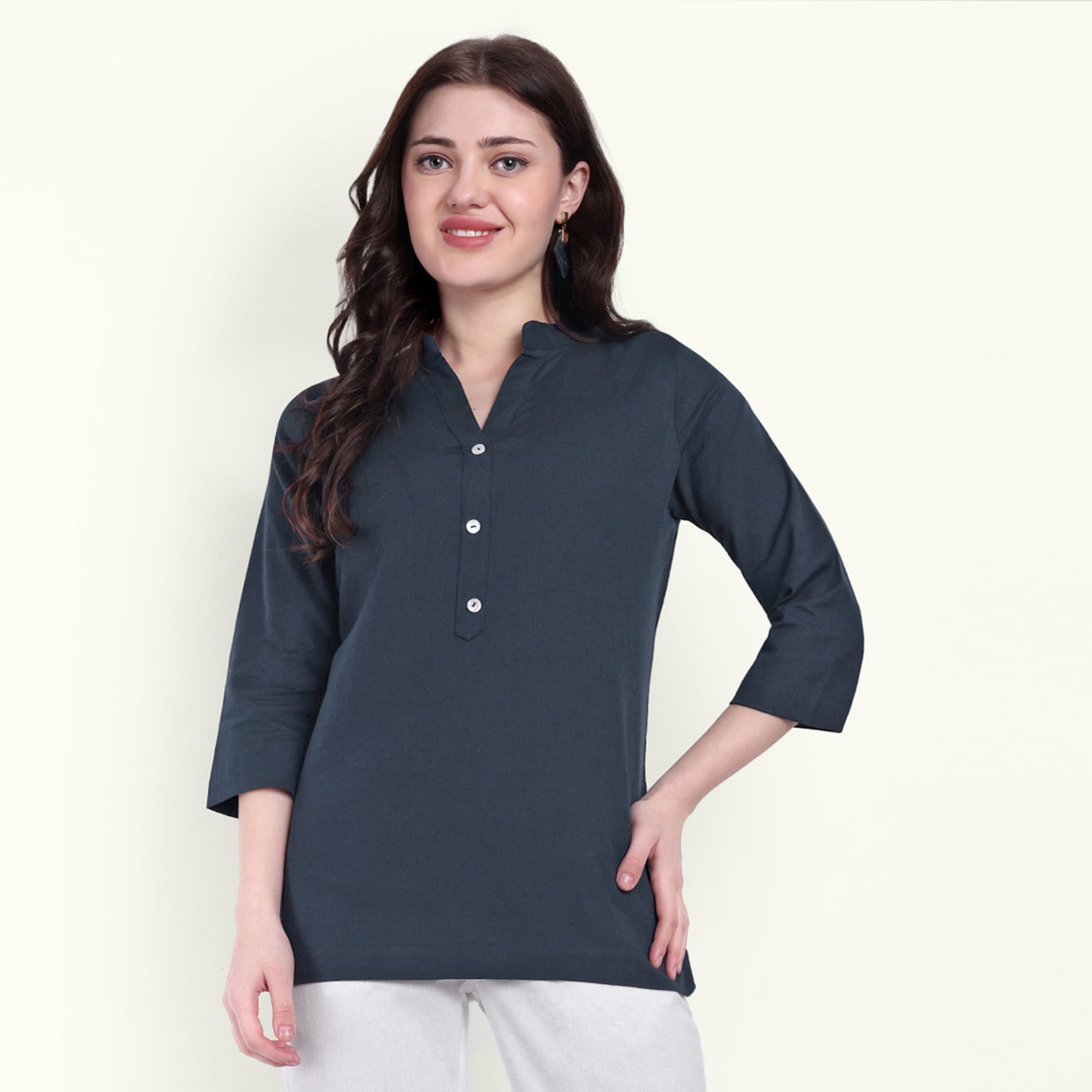 Naariy Navy Blue Airy Linen Short Kurti