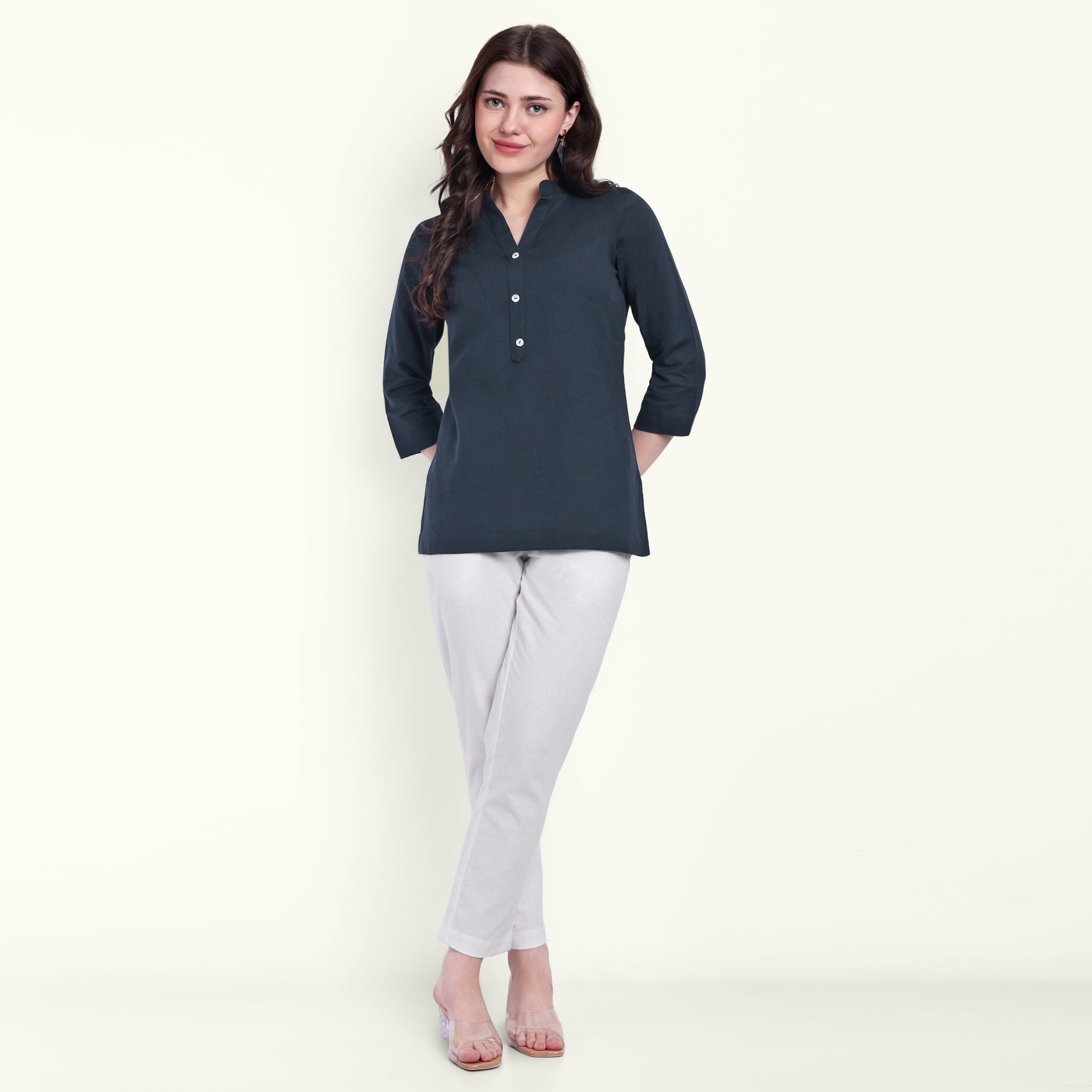 Naariy Navy Blue Airy Linen Short Kurti For Women