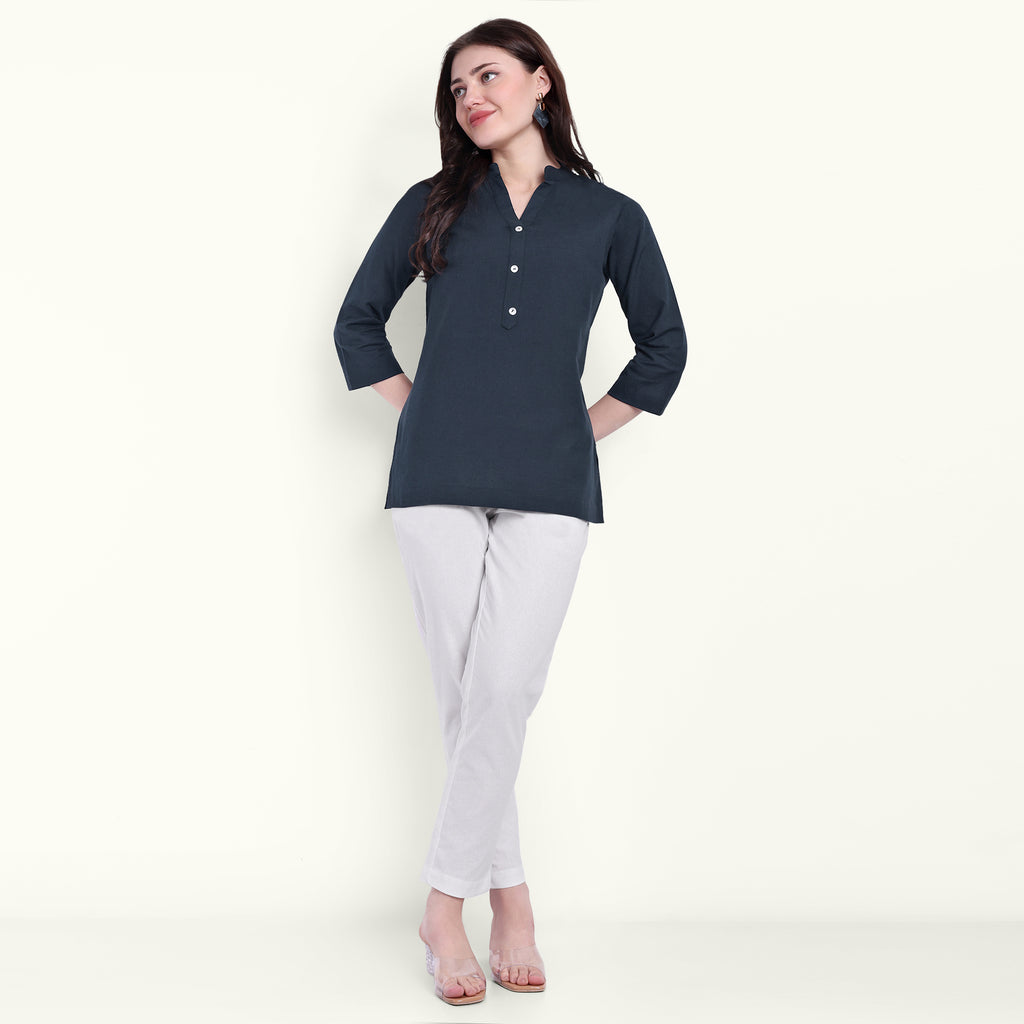 Naariy Navy Blue Airy Linen Short Kurti Stylish Kurti For Women