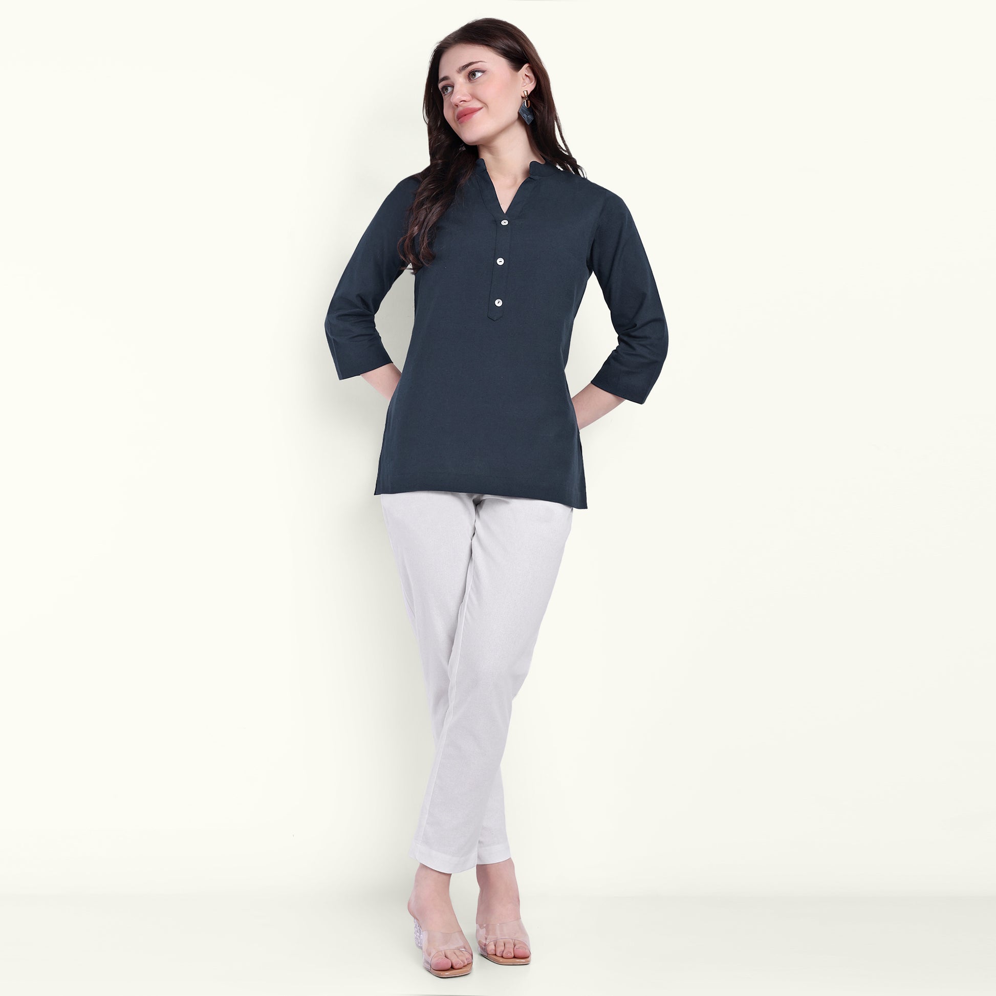 Naariy Navy Blue Airy Linen Short Kurti Stylish Kurti For Women