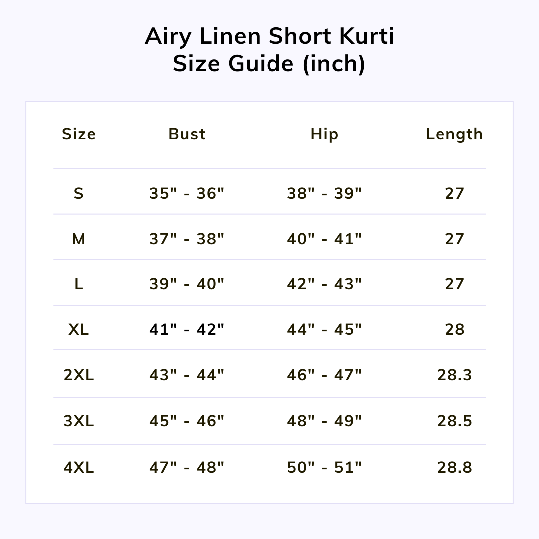 Naariy Peach Airy Linen Short Kurti For Women Size Chart